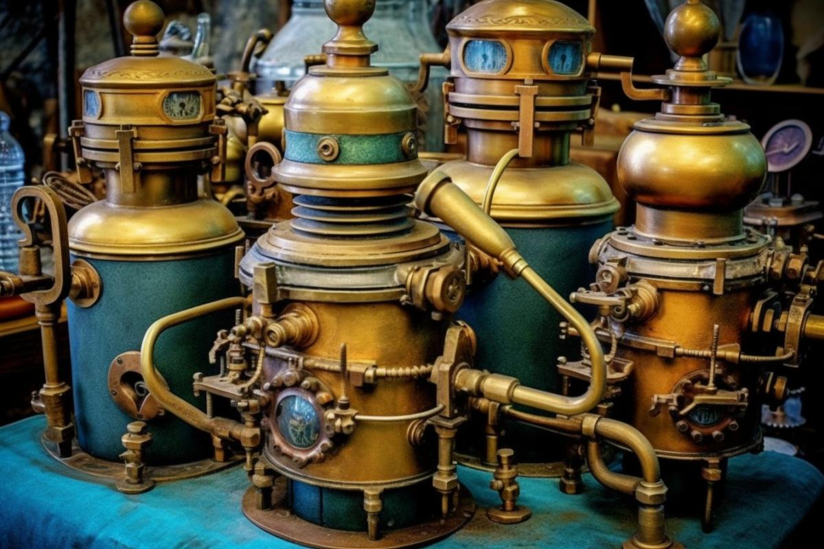 Laboratory of an ancient chemist in steampunk style, colorful flasks, steampunk inventions