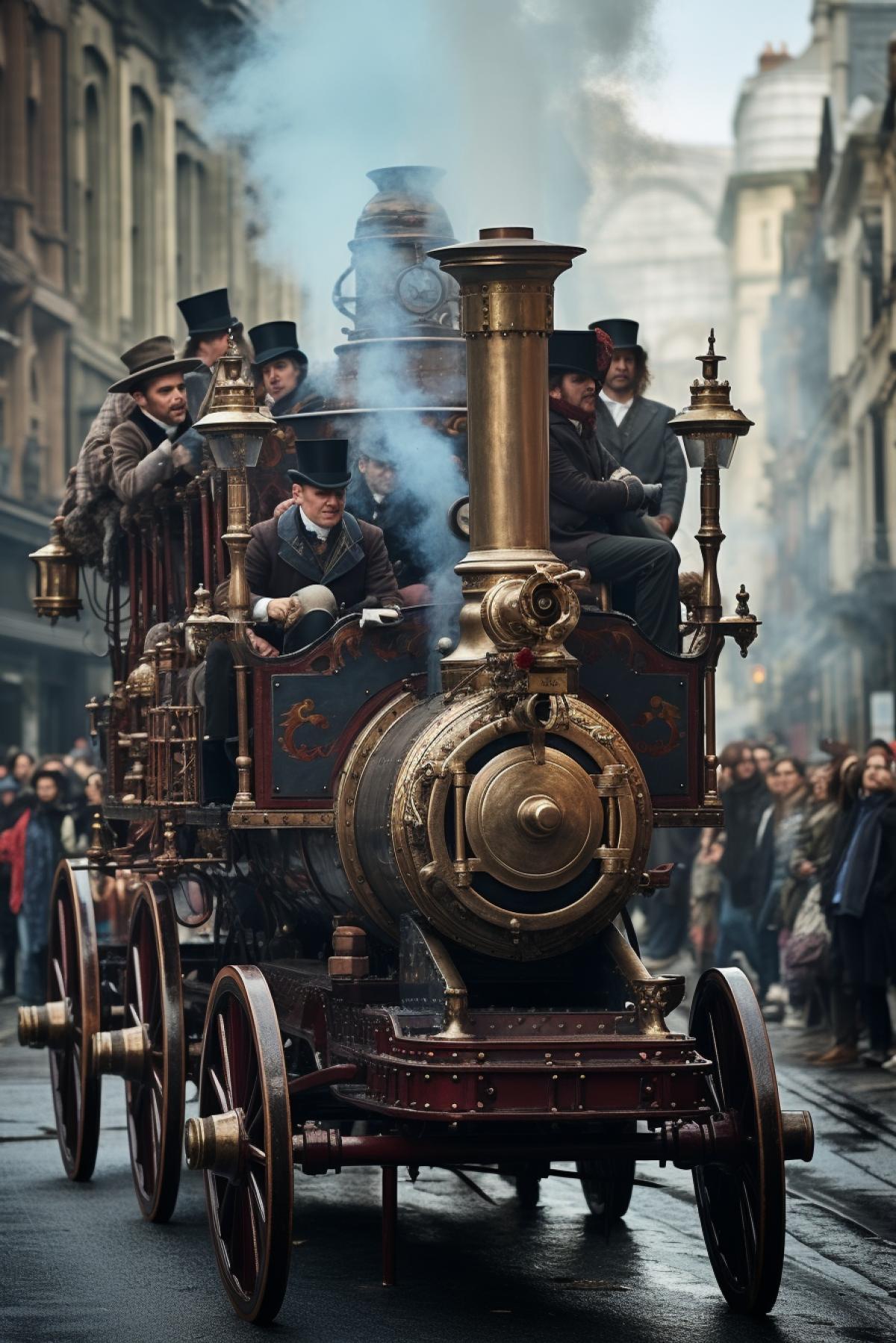Steampunk steam engine stagecoach full of Victorian passengers old London nineteenth century city scape