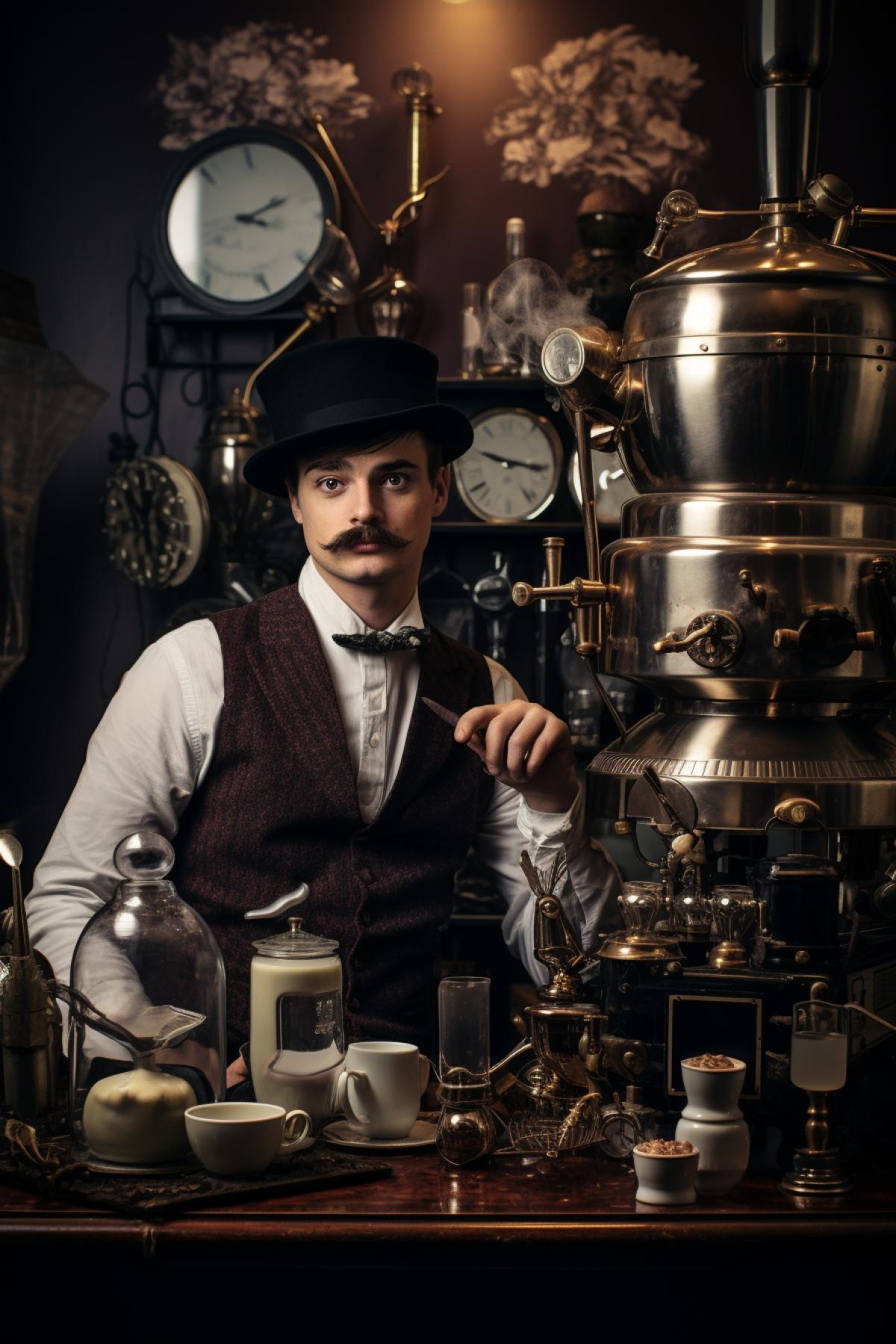 Steampunk coffee cooking machine for opening wine bottles enormous comprising the whole living room space handsome serious young man using the machine wearing moustache and high hat Victorian style