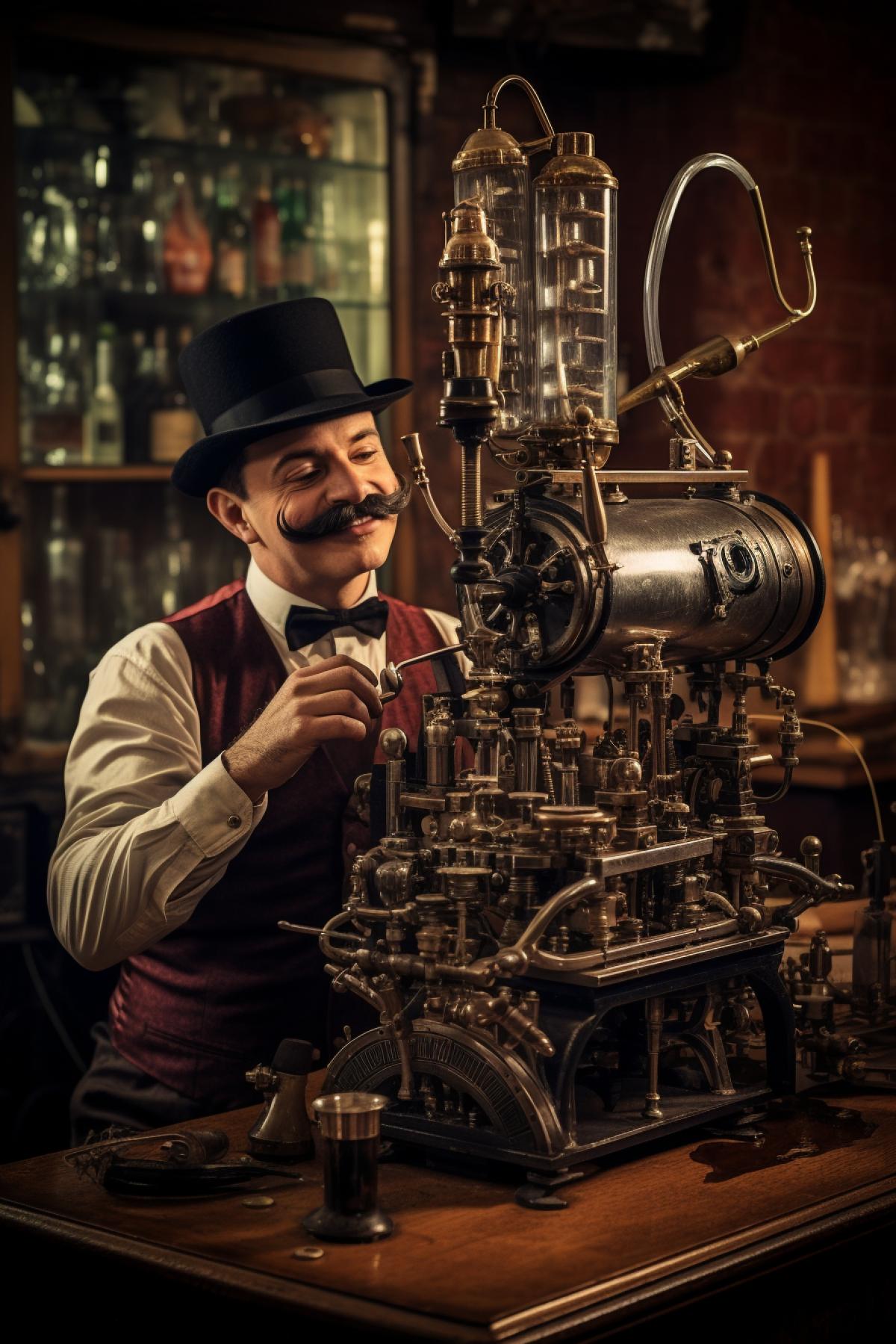Steampunk corkscrew machine for opening wine bottles enormous comprising the whole living room space handsome serious young man using the machine wearing moustache and high hat Victorian style