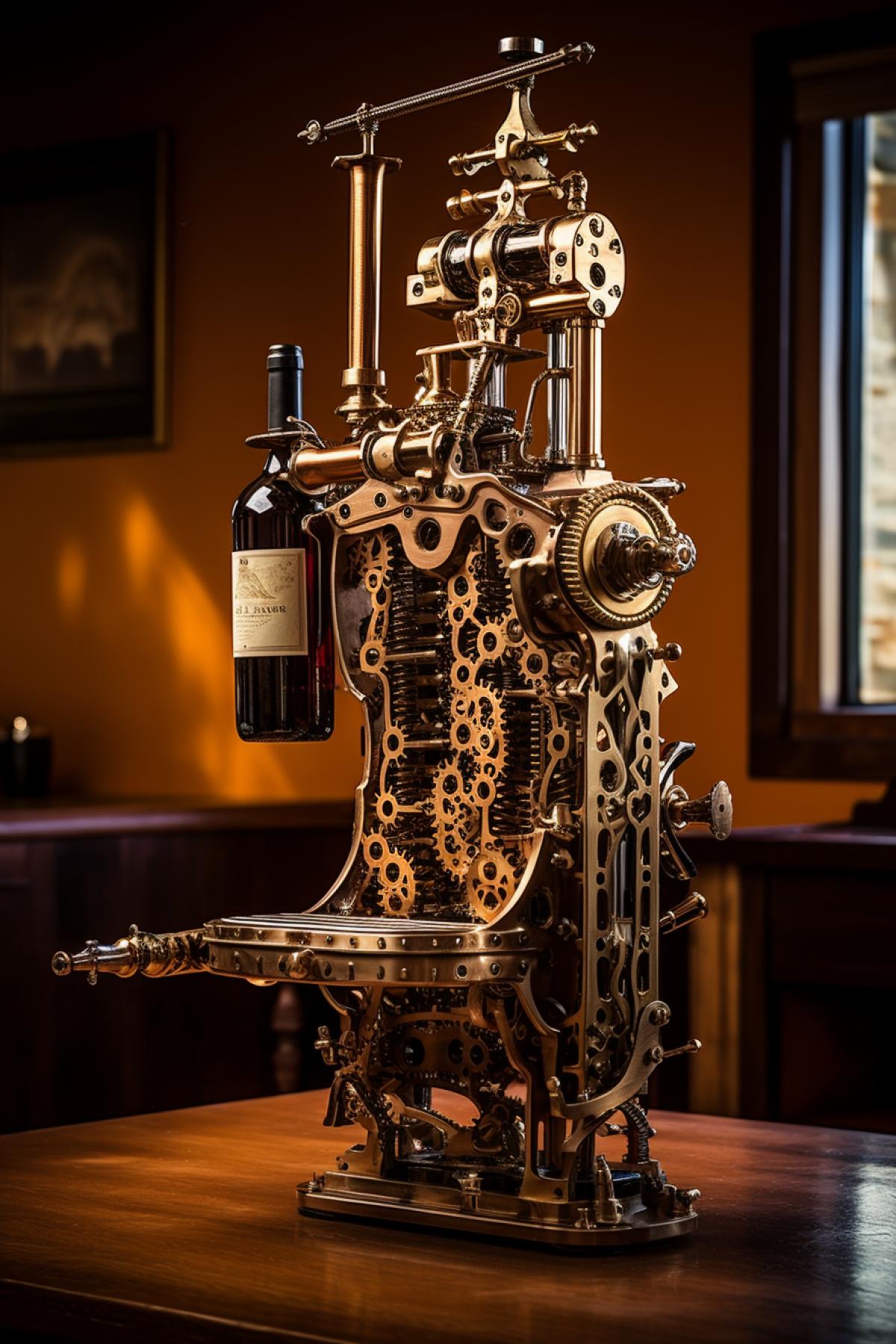 Steampunk corkscrew machine for opening wine bottles enormous comprising the whole living room space