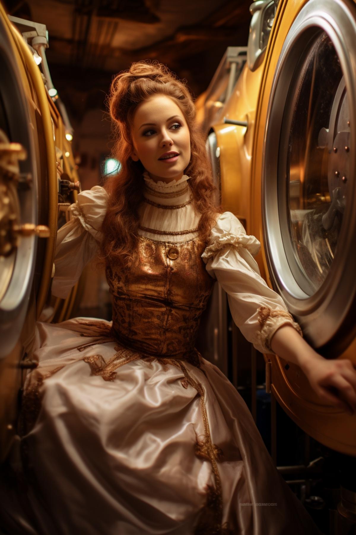 Steampunk enormous washing machine brcopper gears gems illuminating buttons shine gloss young beautiful woman wearing Victorian dress loading the washing machine with dirty clothes general view interior of baroque cosy laundry