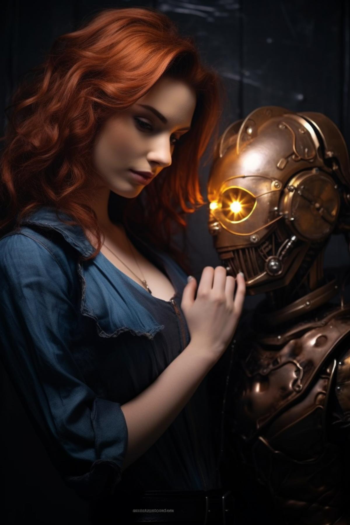 Beautiful young woman in love with handsome steampunk iron male android of brand copper gears gems tender desire touches tenderness love