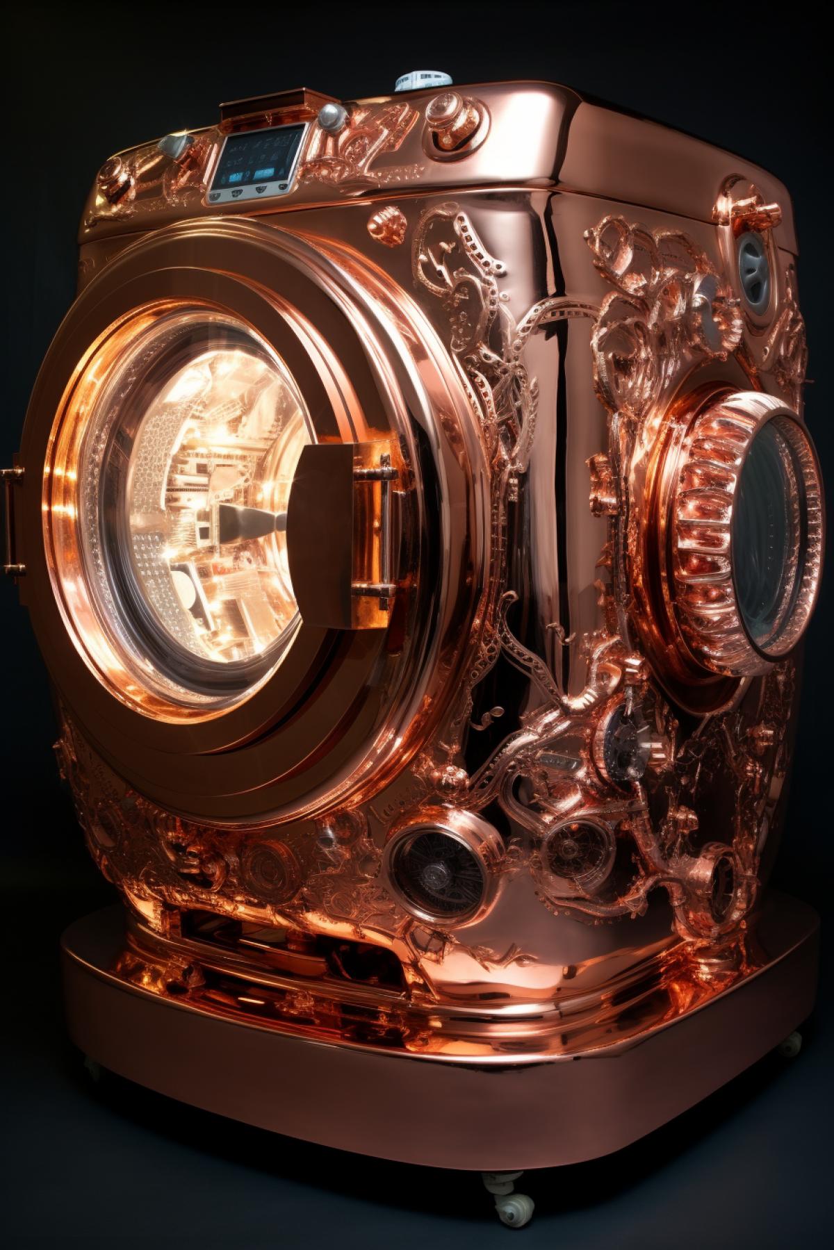 Steampunk enormous washing machine brcopper gears gems illuminating buttons shine gloss