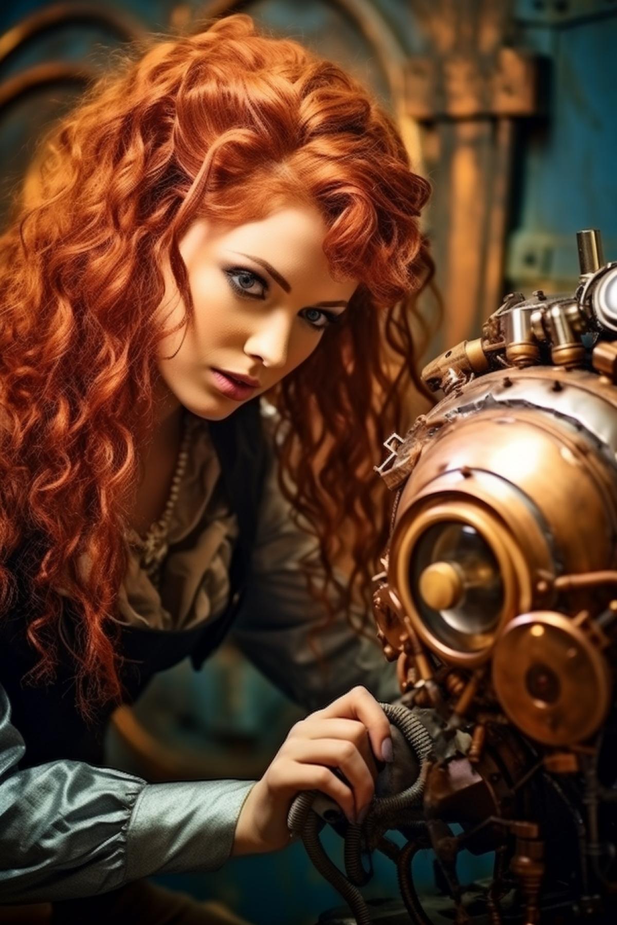 Beautiful young woman loves steampunk android of brand copper gears germs tender desire touches tenderness love