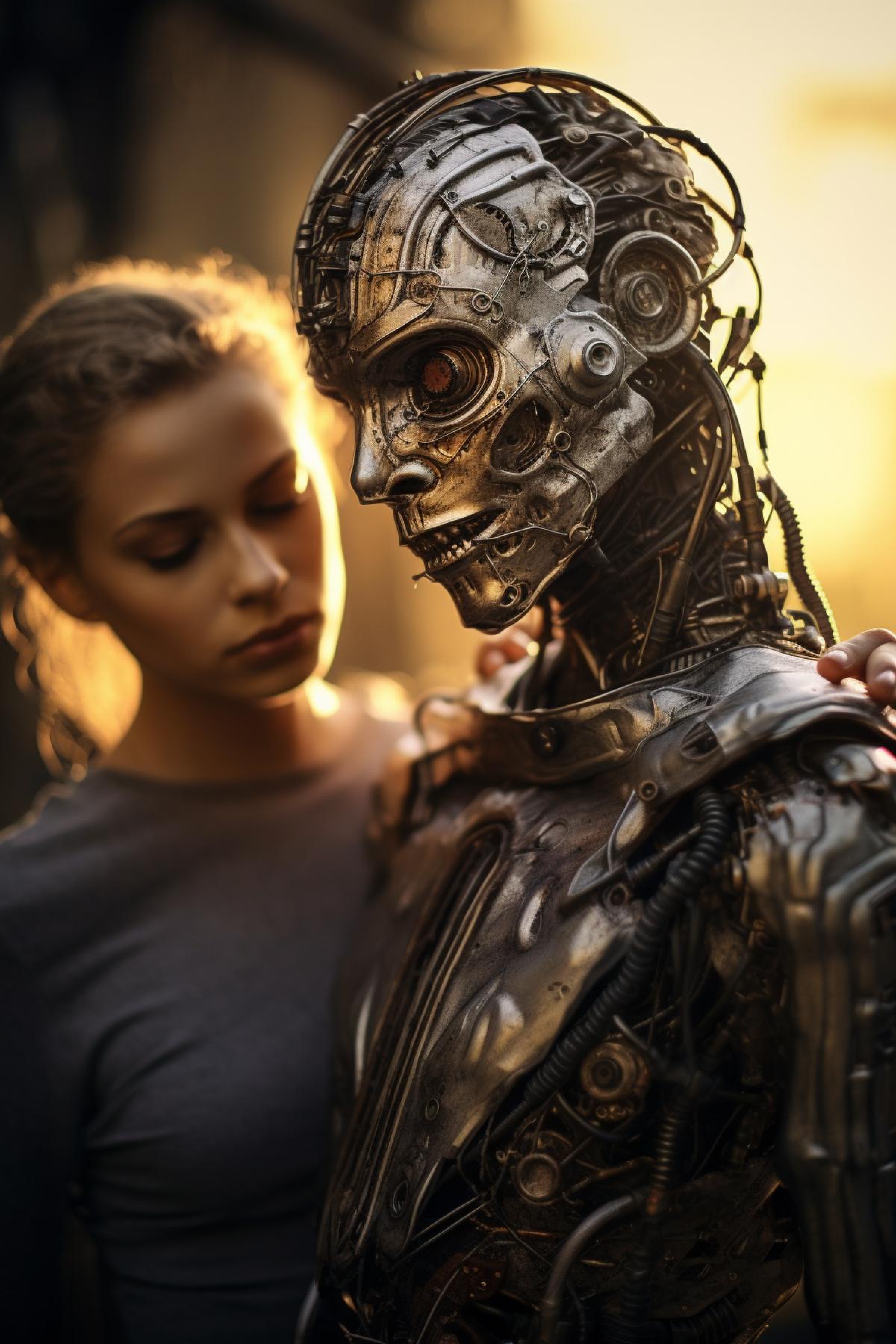 Steampunk female android brsilver gears germs with beautiful human dad female face sad about rising sun