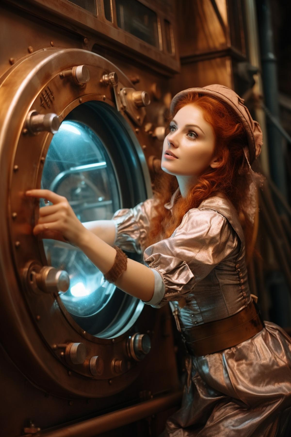 Steampunk enormous washing machine brcopper gears gems illuminating buttons shine gloss young beautiful woman wearing Victorian dress loading the washing machine with dirty clothes