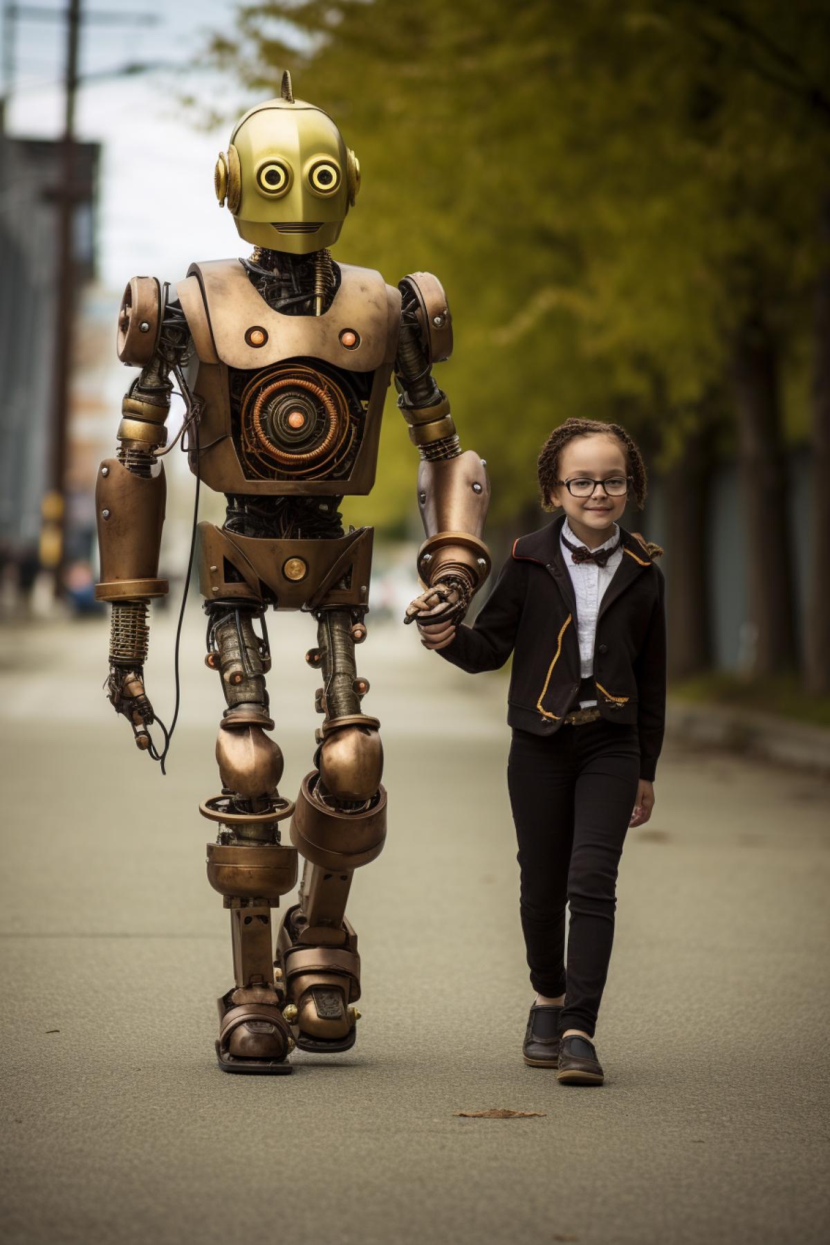 Steampunk android walking with puppet