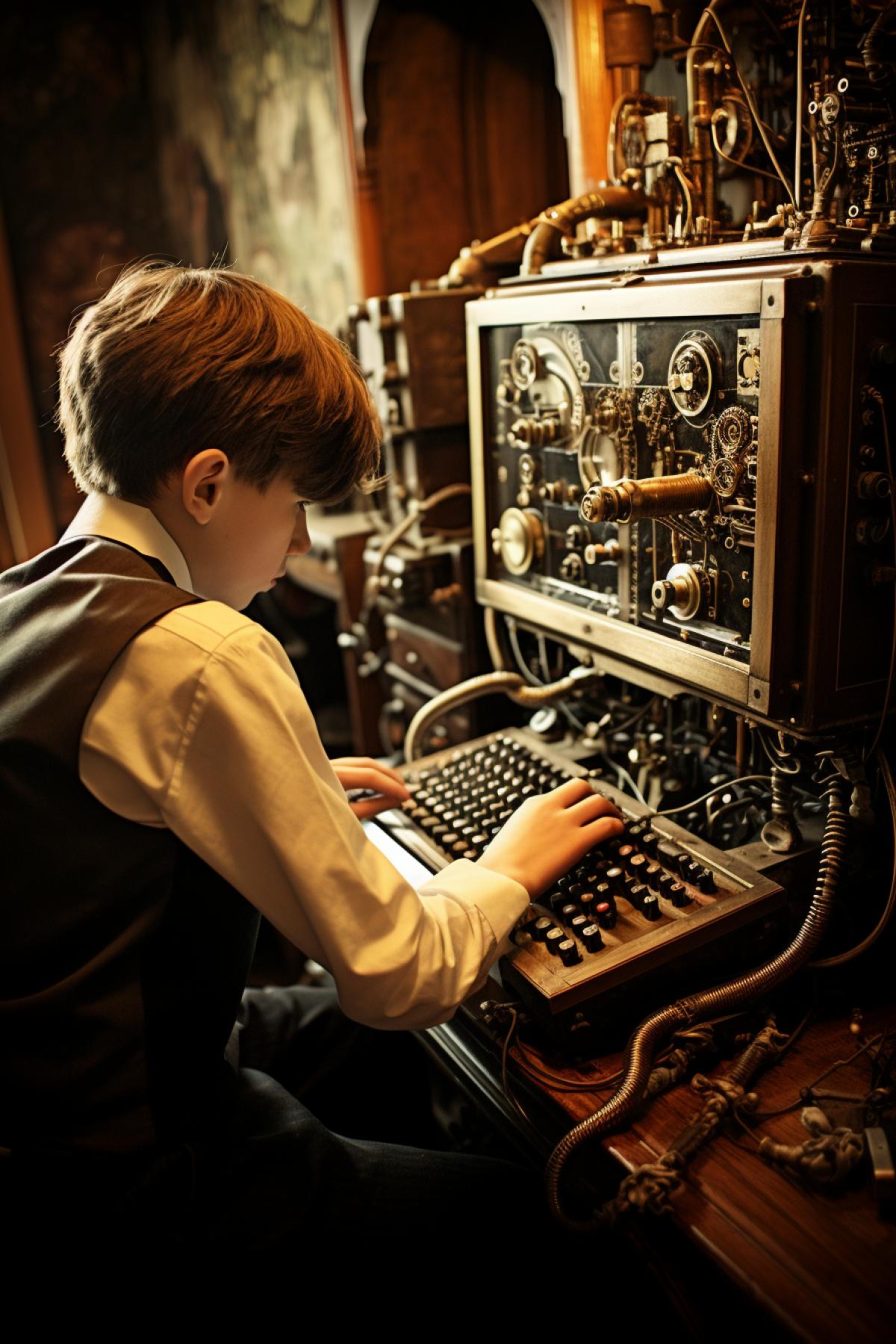 Steampunk Atari monochrome monitor enormous notebook comprising the whole working table space copper brmetal keyboard shine gloss Victorian boy nice smart teenager playing Tetris