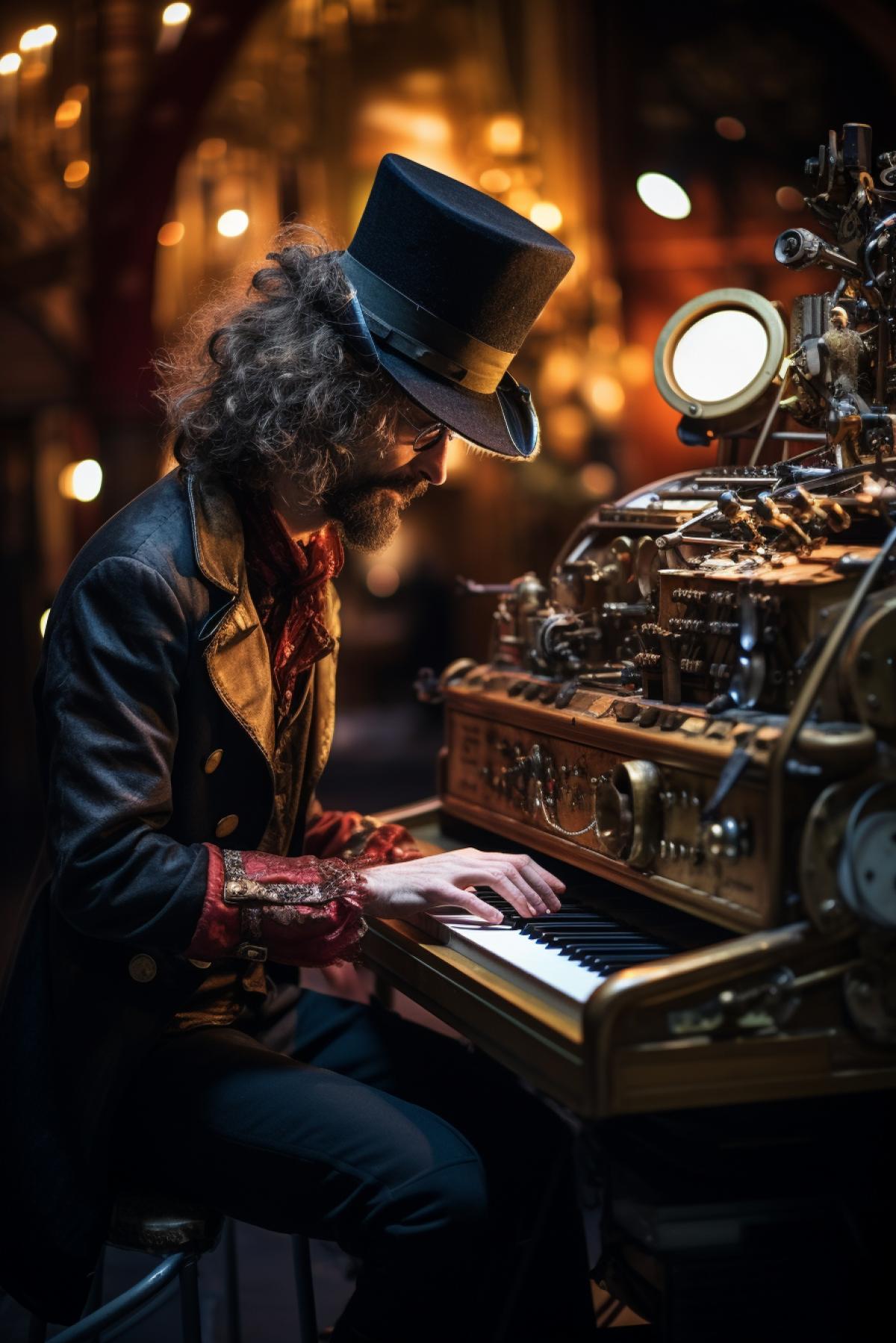 Steampunk musical keyboard machine comprising the whole stage space Victorian musician playing it with ordetailedra theatre interior concert rock-and-roll