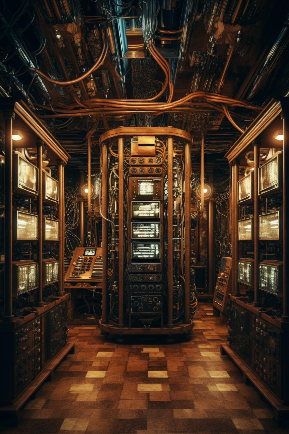Beautiful computer server room in steampunk style, Victorian era of the industrial revolution, retro filter, high quality, good detail, 4K, realism