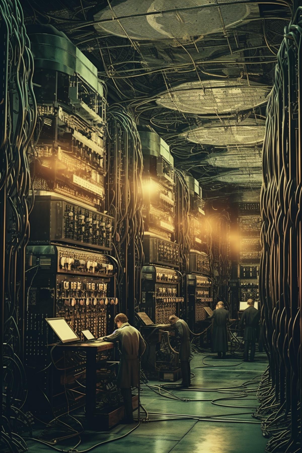 Beautiful computer server room in steampunk style, Victorian era of the industrial revolution, people work in the server room, retro filter, high quality, good detail, 4K, realism