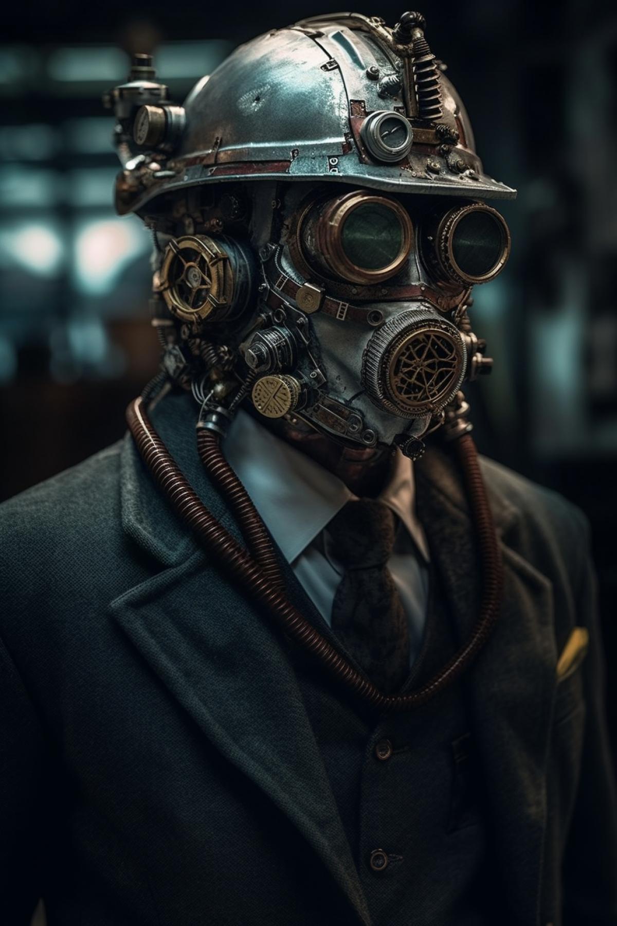 Steampunk inventions. robot man, future, dystopia, bright and rich colors, photography