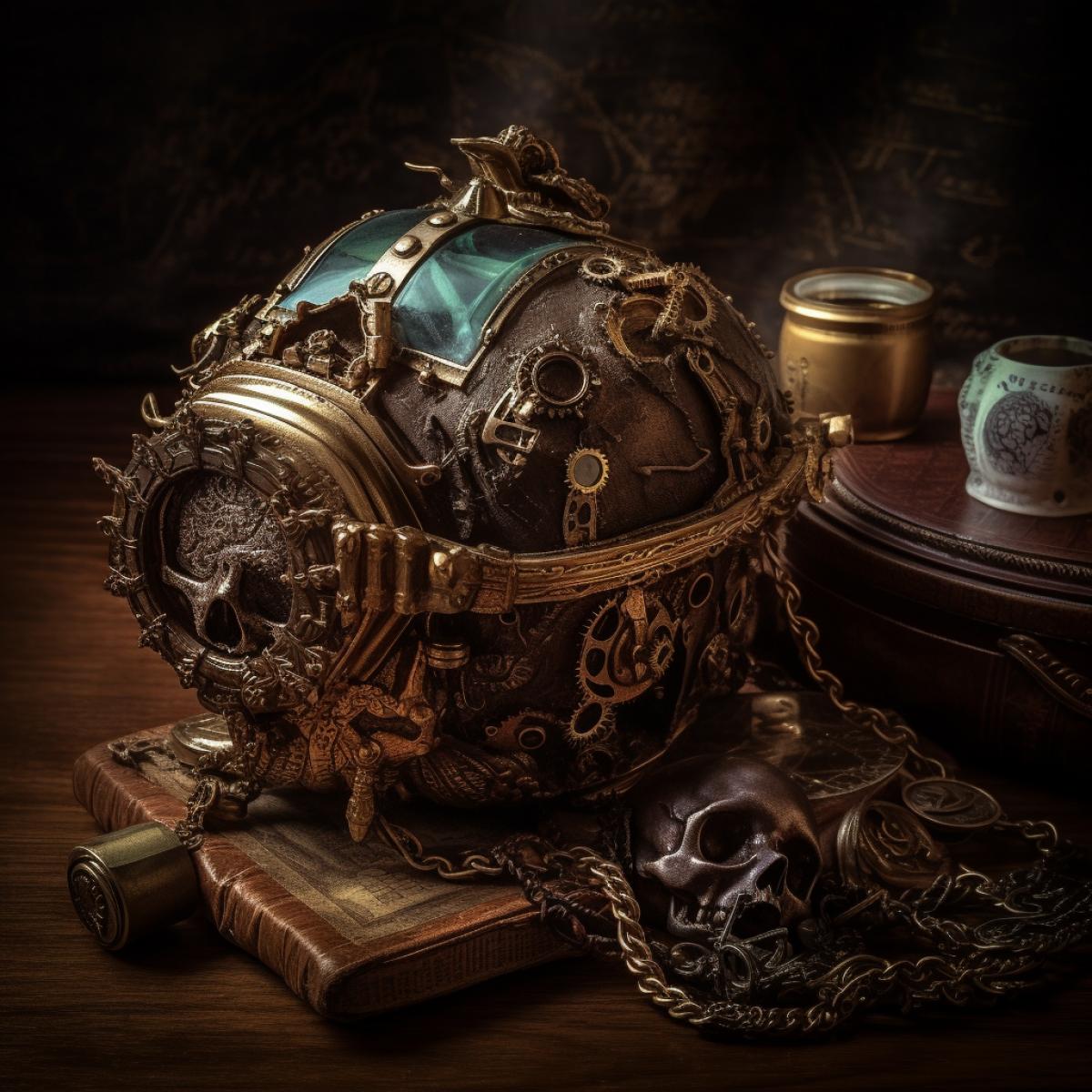 Steampunk invention, treasure detailed, pirate, bright and rich colors, photography