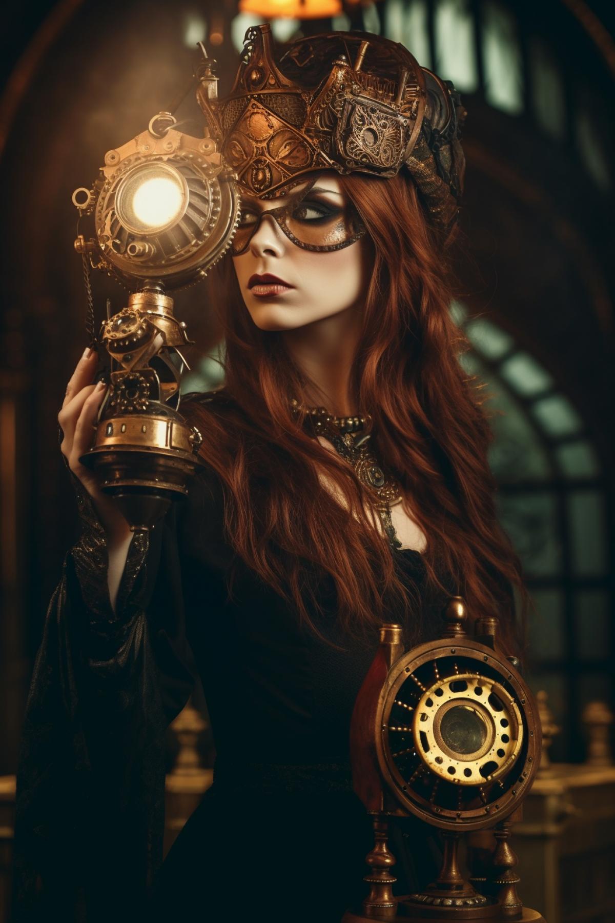 Steampunk inventions, gothic style, giant, bright and rich colors, photography