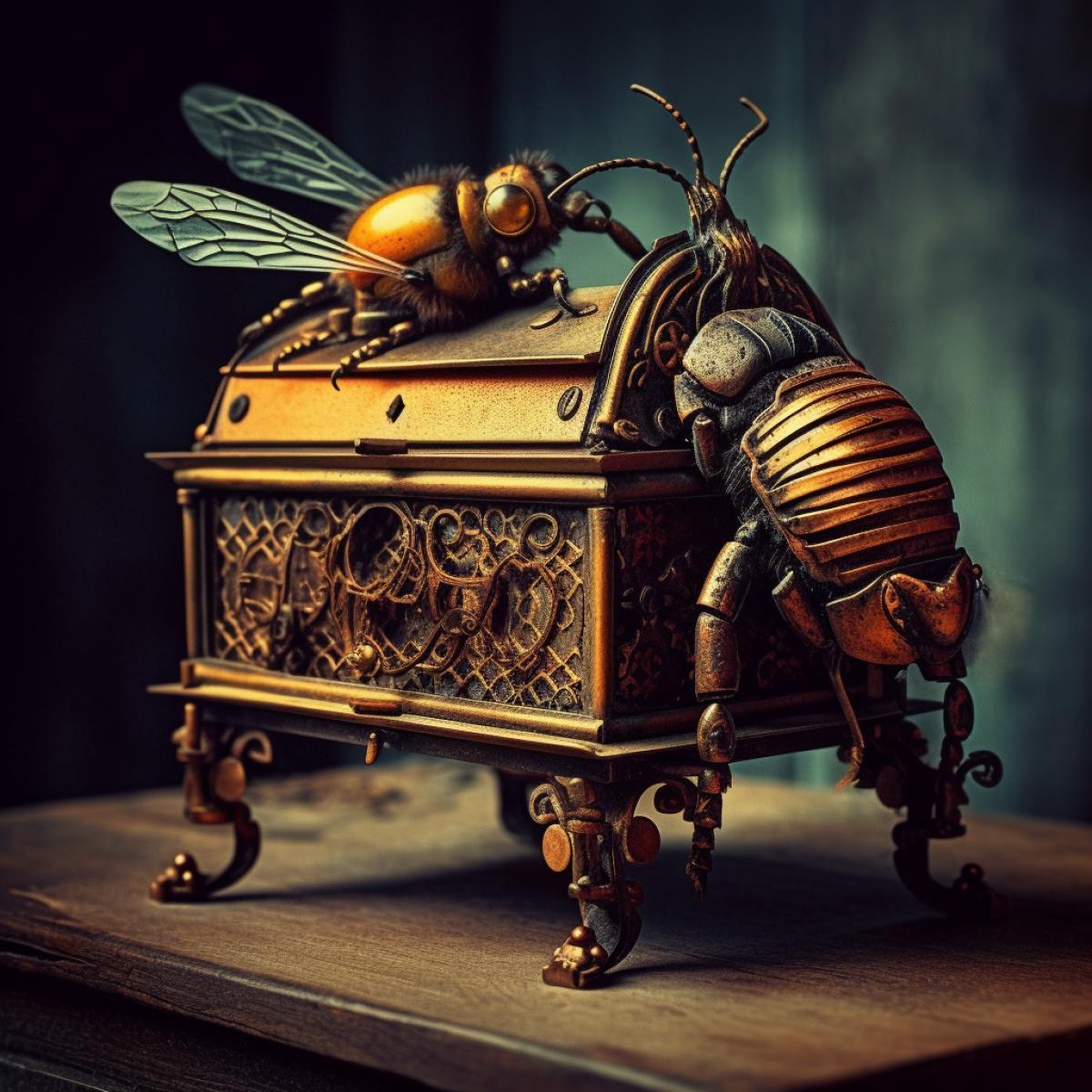 Steampunk inventions, bee, beehive. Gothic style,, bright and rich colors, photography