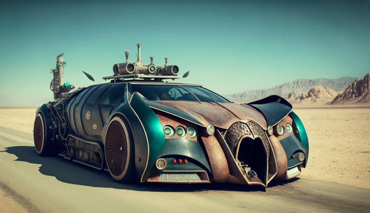 steampunk supercar rushes along a dirt road, epic view