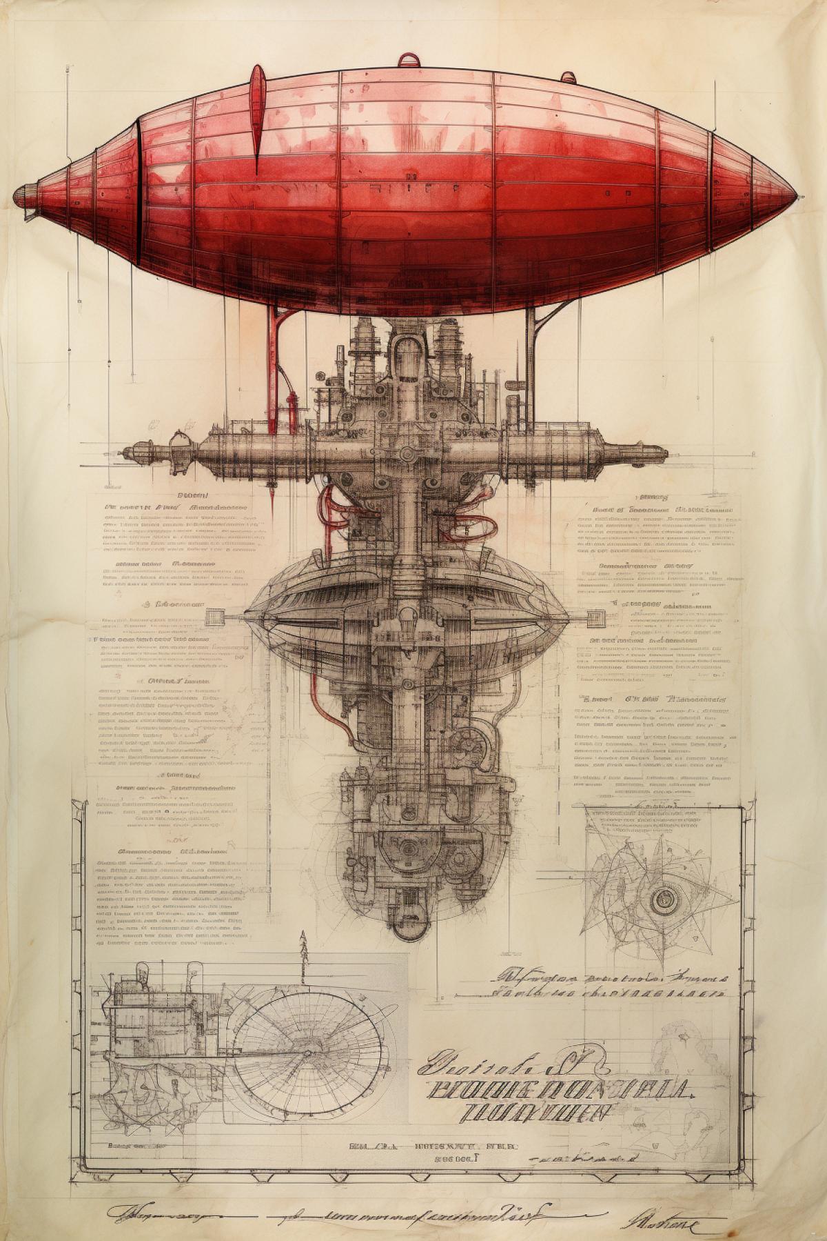 Steampunk project of zeppelin with steam engine draft drawing pencil and blue ink sealed with red facsimile