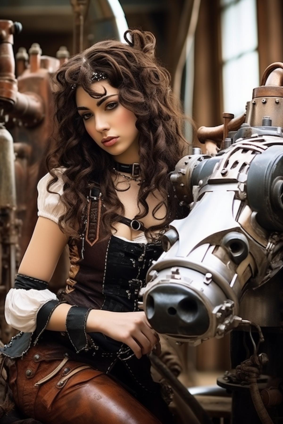 Steampunk beautiful girl milking steampunk cow