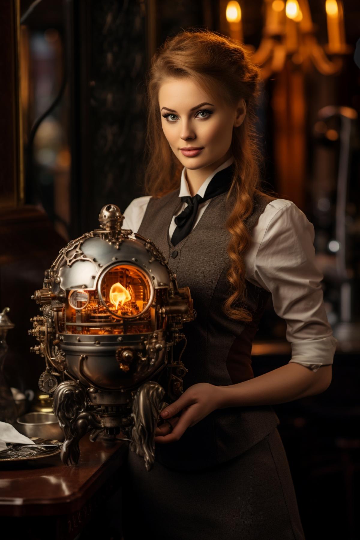 Steampunk boiler for boiled eggs served by beautiful waitress ready to serve egg