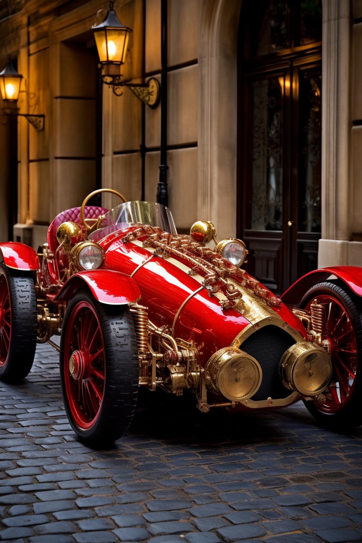 Steampunk Ferrari red beautiful with steampunk handsome Victorian driver shine gloss luxury splendid time is guaranteed for all