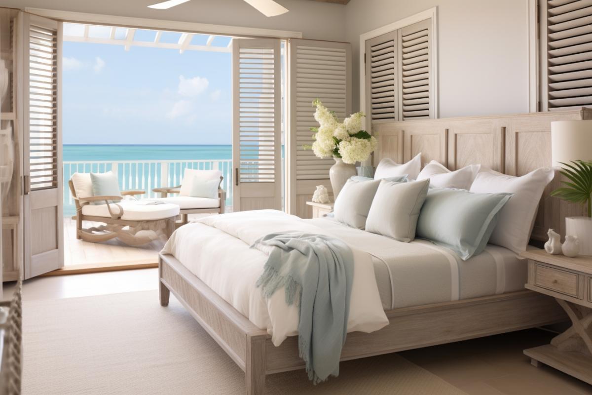 Ocean-inspired retreat: A bedroom with light wooden furniture and a color palette inspired by the sea – soft blues, sandy neutrals, and driftwood grays. Large wooden shutters open to reveal a balcony overlooking the ocean. The sound of waves lulls you to sleep in a plush wooden bed, surrounded by maritime accents and the soothing scent of sea breeze.