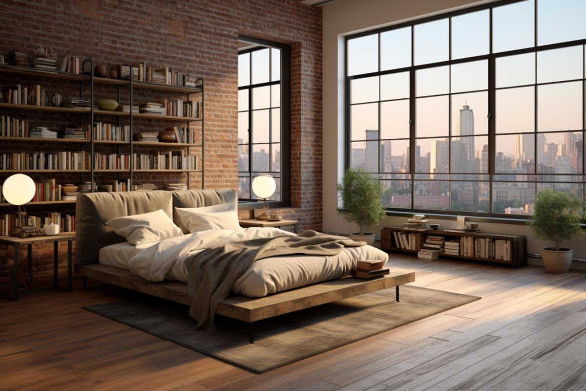 Cozy urban escape: A loft-style room with warm wooden floors, 4k brick walls, and large windows offering views of the city. A comfortable wooden bed is adorned with soft, earth-toned linens. A corner reading nook features a wooden bookshelf filled with your favorite titles, creating a haven of relaxation and urban charm.