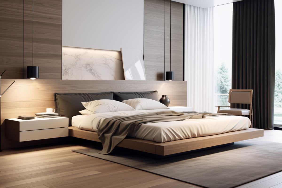 Modern minimalism haven: A sleek, minimalist room with polished wooden floors and clean lines. A platform bed with a wooden frame sits against a feature wall adorned with abstract wooden art. Smart, wooden storage solutions maintain the clutter-free aesthetic, creating a serene space that balances simplicity and sophistication.