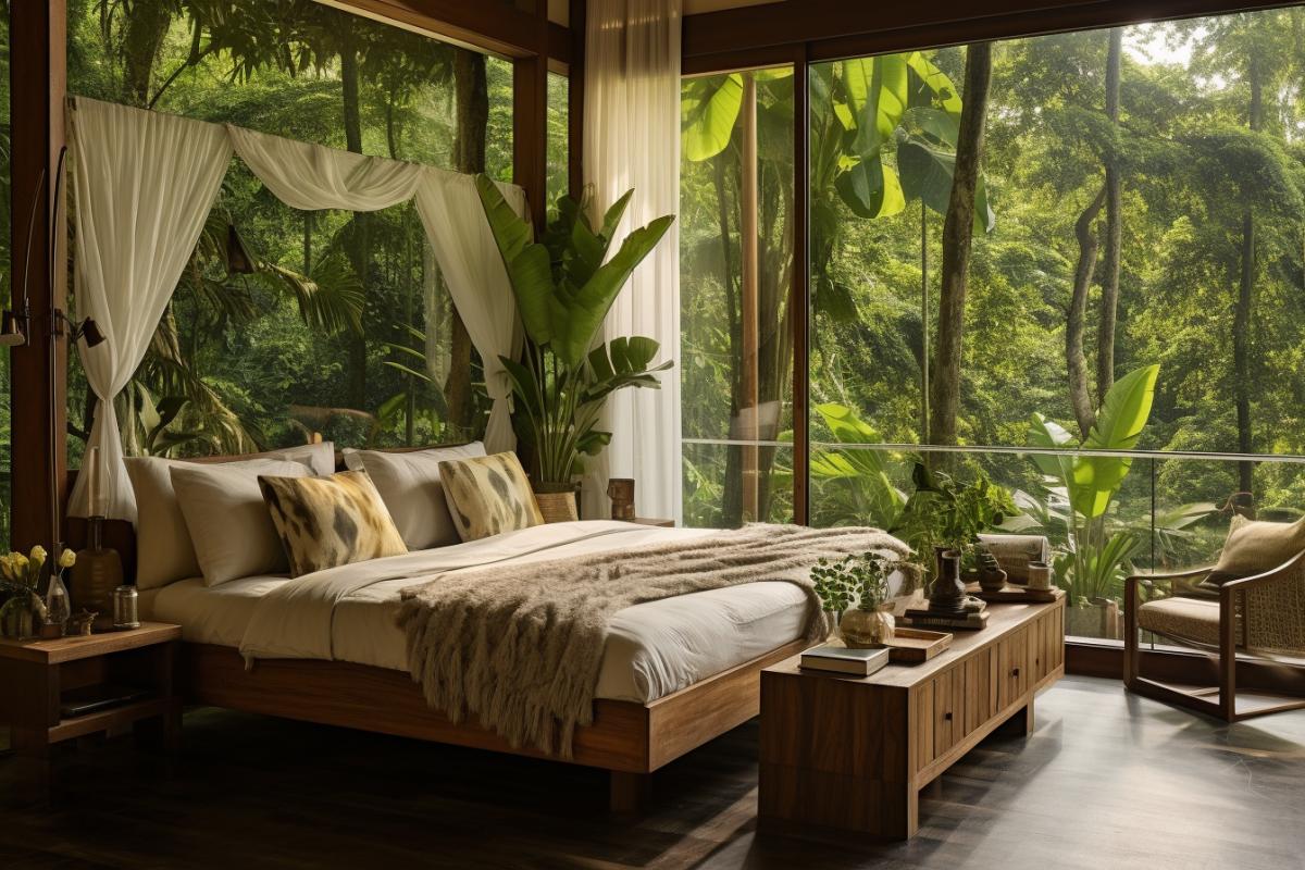 Nature-infused sanctuary: A bedroom surrounded by lush greenery, featuring wooden furniture that seamlessly blends with the natural theme. Large windows showcase a view of a private garden, and a wooden canopy bed provides a sense of coziness. Wooden plant stands, botanical prints, and earthy tones create a soothing connection to the outdoors.