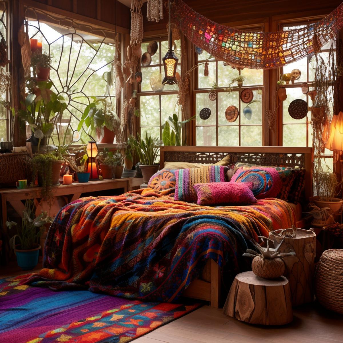 Whimsical bohemian hideaway: A room filled with vibrant, mismatched wooden furniture adorned with eclectic patterns and textures. Hanging wooden lanterns cast a warm glow on a cozy wooden bed draped with colorful fabrics. The walls showcase an array of wooden art and tapestries, creating a bohemian oasis that invites creativity and relaxation.