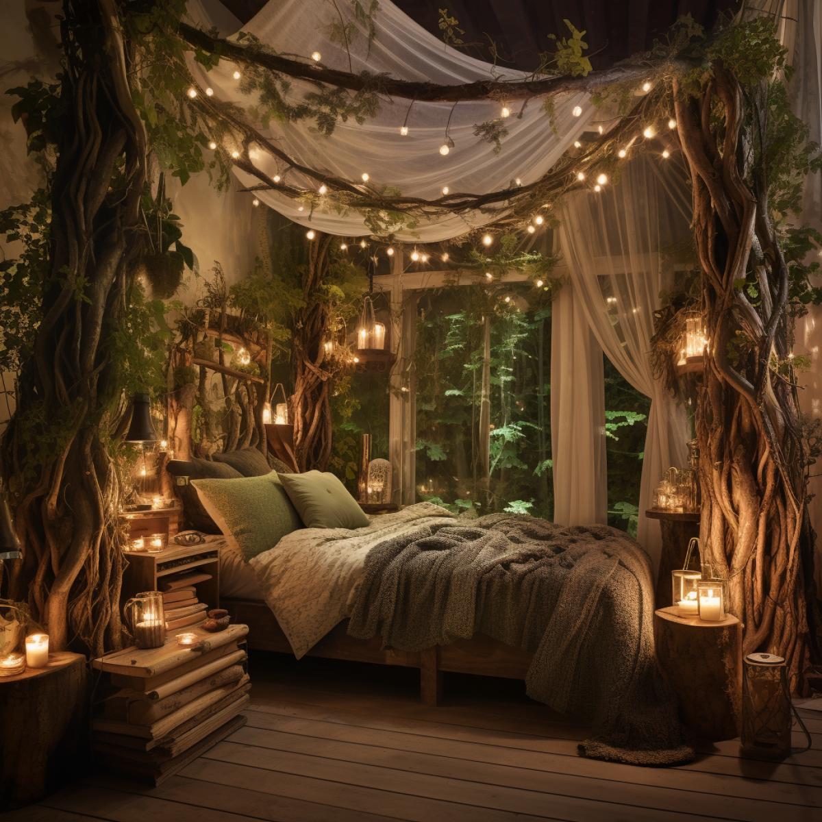 Enchanted forest retreat: A woodland-inspired haven with wooden tree trunk pillars supporting a canopy bed. Soft, moss-green and wooden tones dominate, with fairy lights woven through the wooden branches overhead. Wooden shelves hold an assortment of potted plants, infusing the room with a touch of magical tranquility.