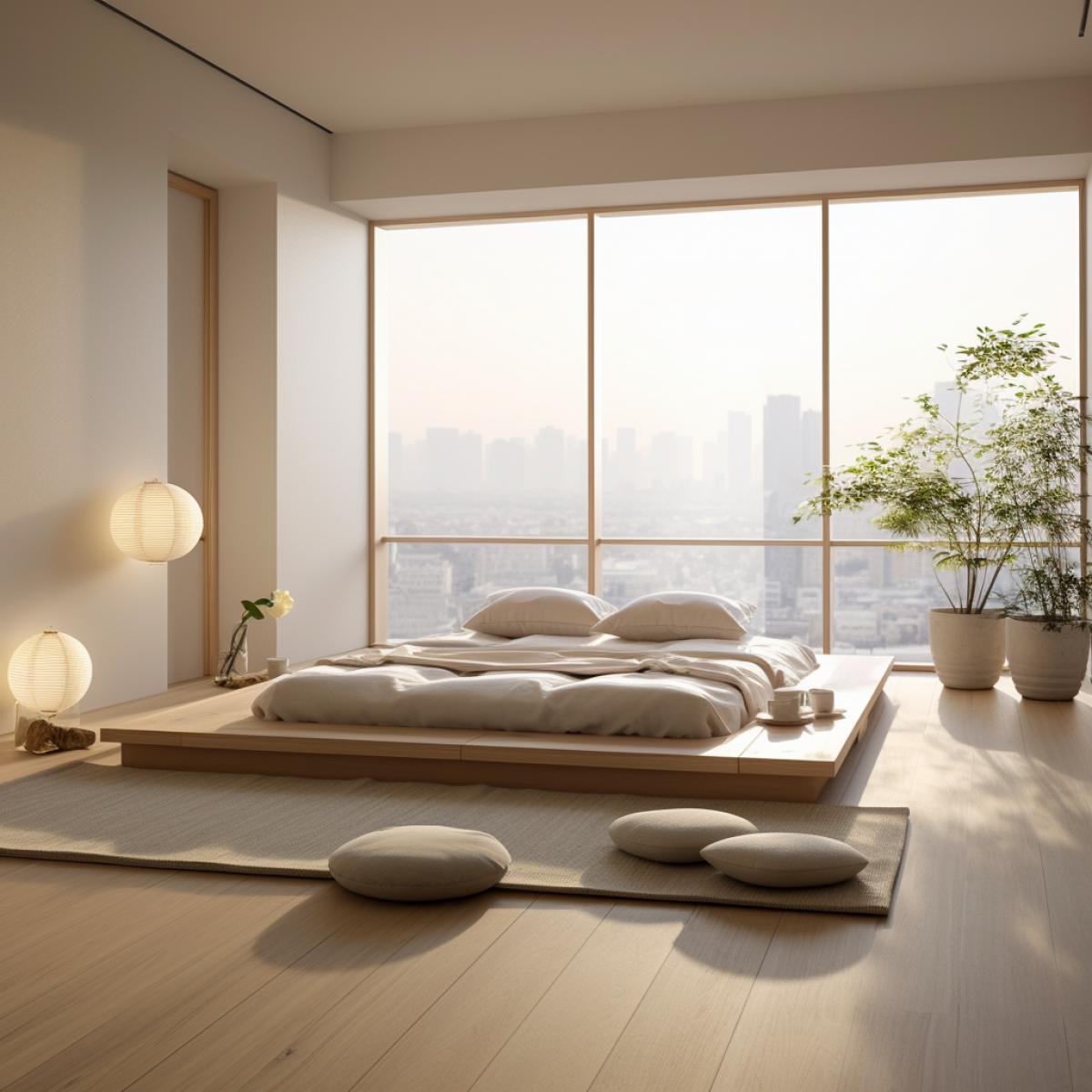 Zen-inspired sanctuary: A serene room with light wooden flooring, sliding shoji screens, and a low wooden platform bed. Minimalist wooden furniture is complemented by soft, neutral tones. A small wooden meditation corner with floor cushions and incense burners creates a tranquil space for introspection and relaxation.