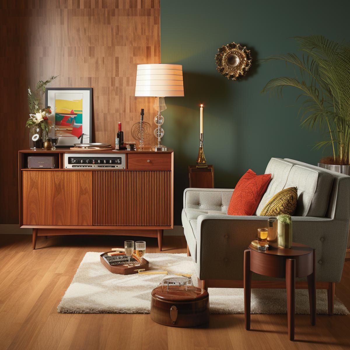 Retro-chic lounge: A nostalgic room featuring wooden mid-century furniture, rich textures, and a vintage record player. Warm wooden paneling adorns the walls, creating a cozy atmosphere. A wooden bar cart displays retro glassware, inviting you to unwind in this stylish and timelessly comfortable retreat.