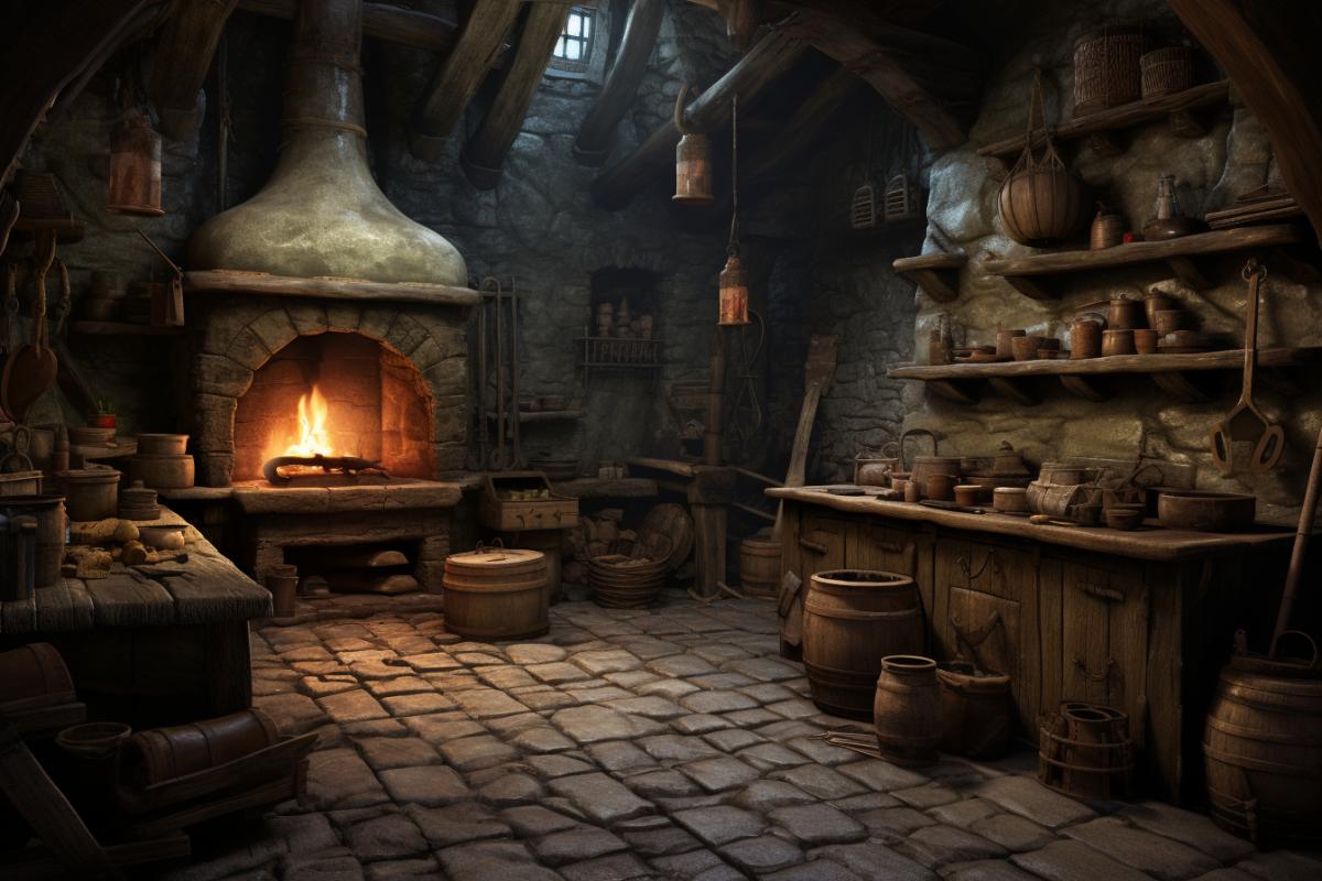 a gloomy dungeon with rough stone walls and wooden beams. There is a dirty and worn bed in the corner, and trophies of his adventures, such as dragon heads and weapons, hang on the walls. In the corner of the room there is a stove where Shrek prepares his dinners from meat and onions. Overall, the room is filled with an atmosphere of roughness and mystery, which reflects the character of Shrek himself.