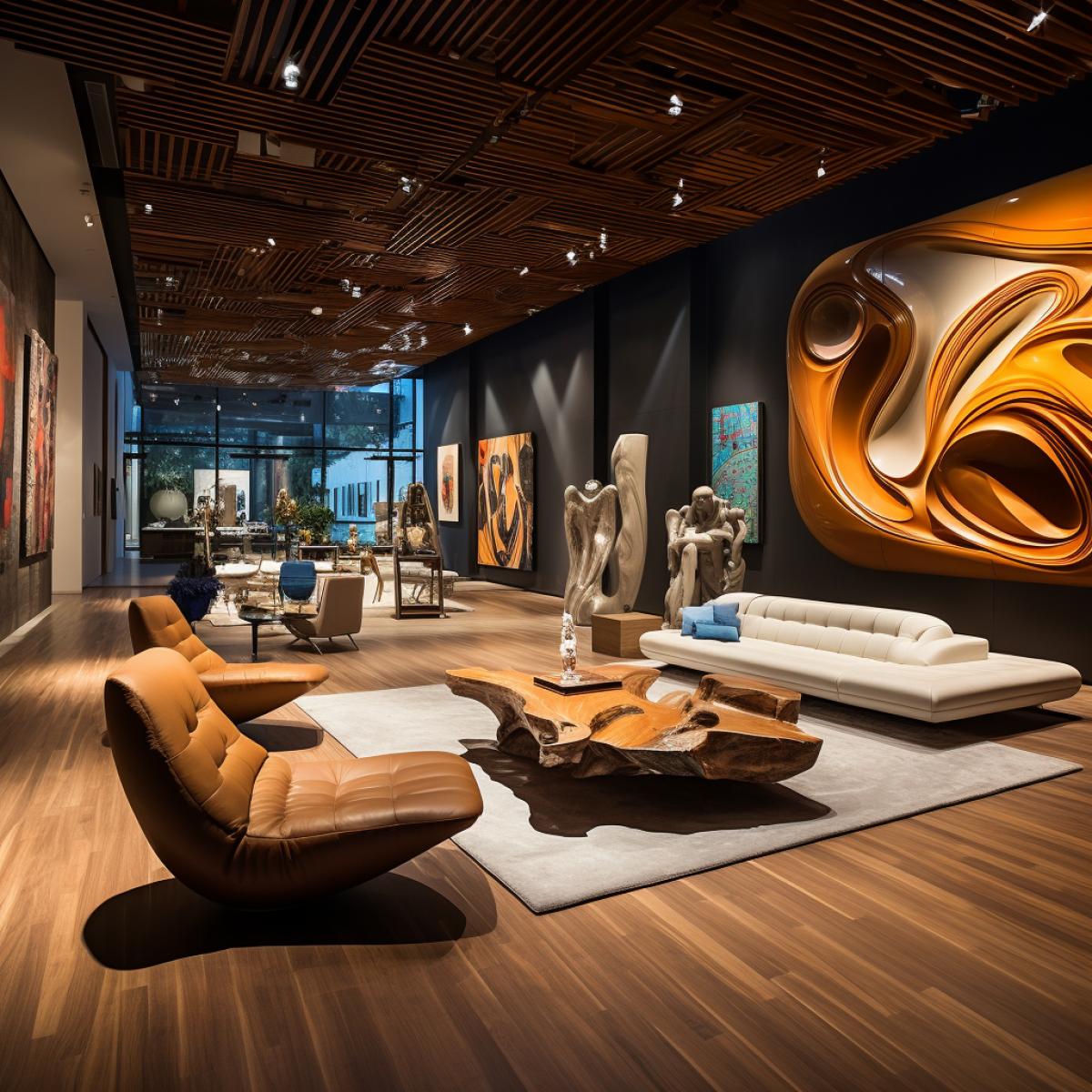 Artistic gallery lounge: A creative haven with wooden floors and walls adorned with rotating art installations. Abstract wooden sculptures punctuate the room, while a large wooden coffee table becomes a canvas for artistic expression. Plush wooden seating invites guests to immerse themselves in the ever-evolving world of contemporary art.