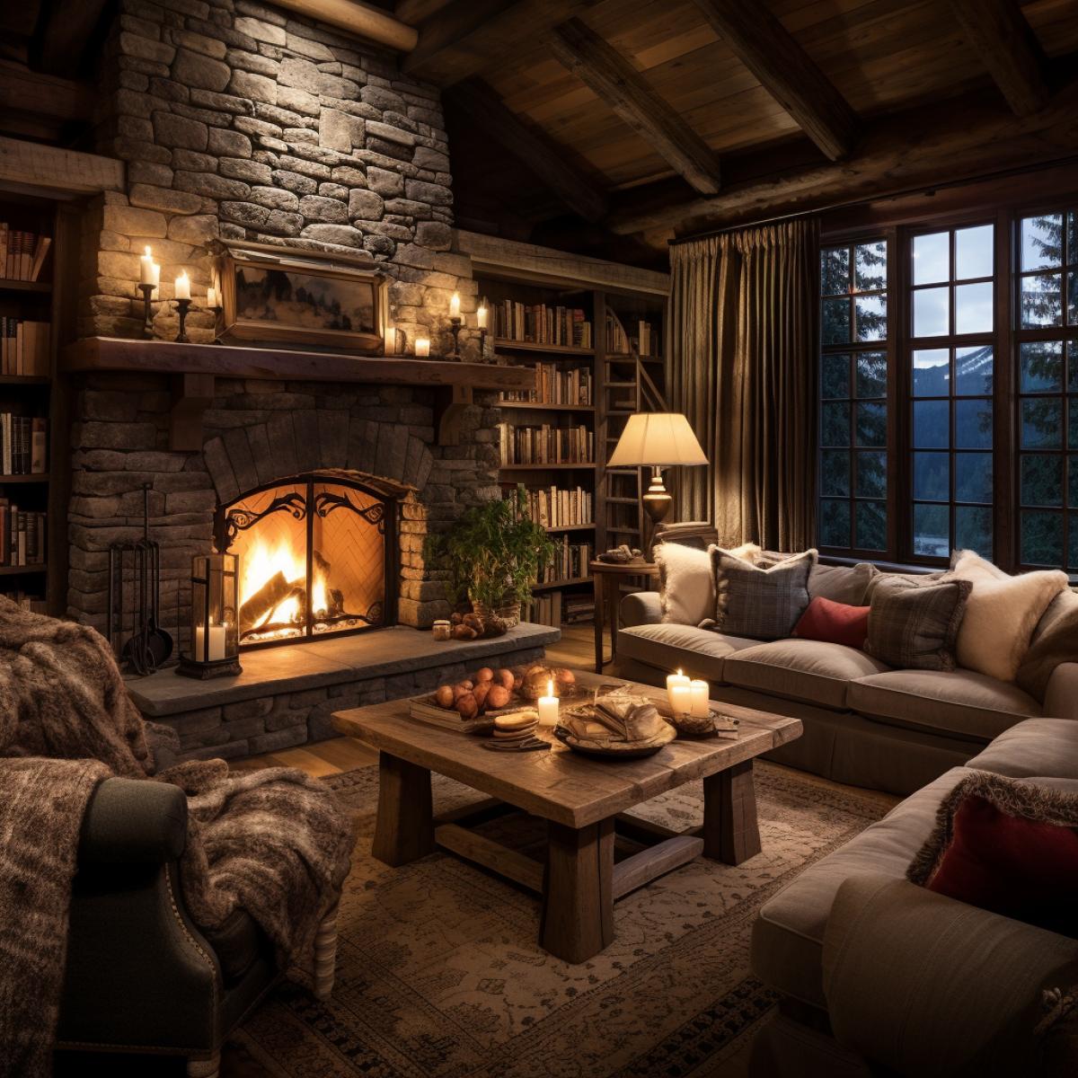 Cozy fireside retreat: A welcoming living room with wooden beams, a stone fireplace, and wooden floors that echo the charm of a rustic cabin. Plush wooden sofas surround a coffee table with a built-in fire pit. Wooden bookshelves house a curated collection, creating a warm and inviting space for fireside conversations and relaxation.