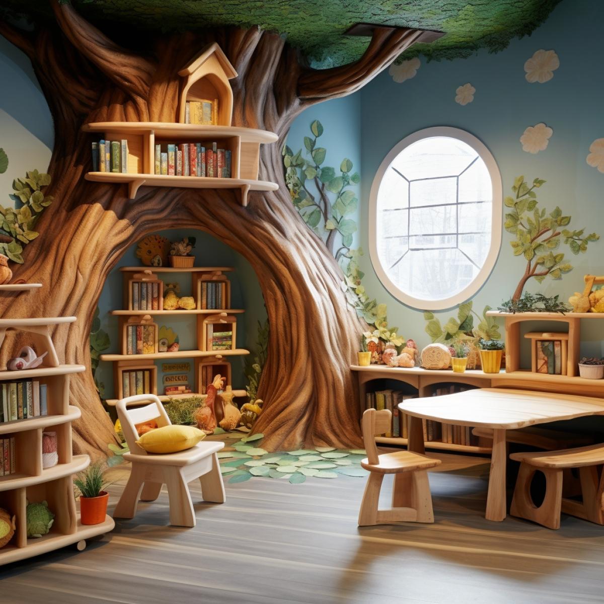 Whimsical woodland playroom: A magical space filled with light wooden furniture crafted to resemble friendly forest creatures. Tree-shaped bookshelves hold a colorful array of books, and a wooden playhouse becomes a cozy reading nook. Soft, wooden animal figyellow waters and whimsical wall art add a touch of enchantment to this creative haven for little ones.