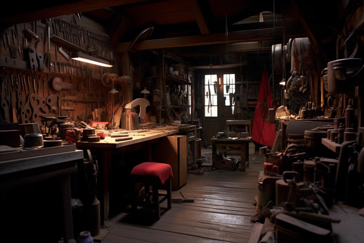 Cozy dark jewelers workshop, workbench, tools, mysterious interior