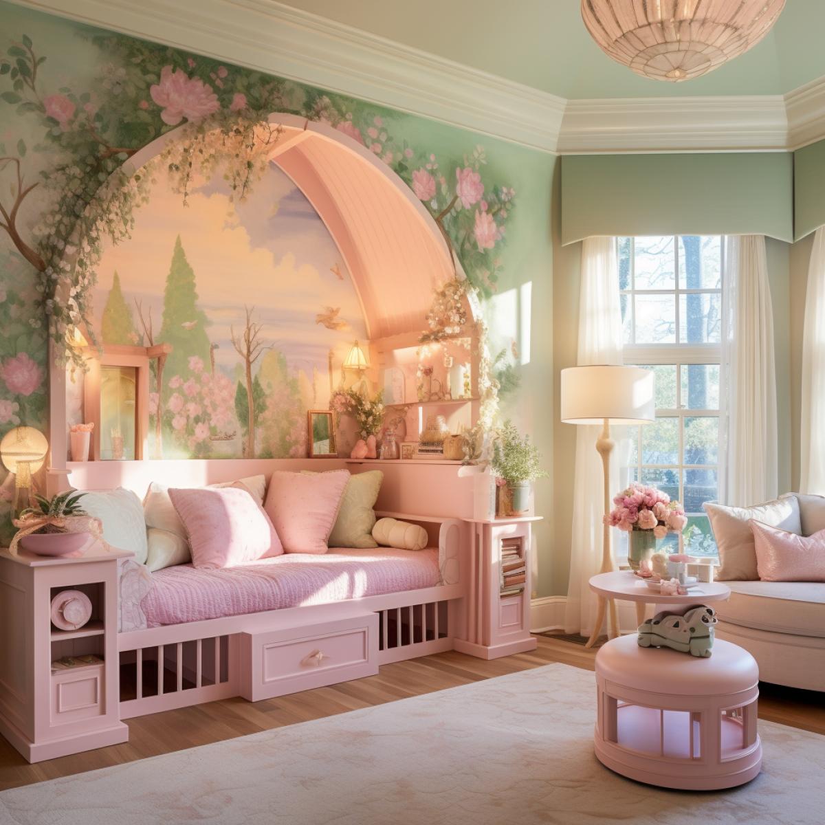 Princesss enchanted garden: A dreamy playroom with light wooden floors and pastel-colored walls adorned with hand-painted floral murals. A wooden canopy bed draped with sheer fabric becomes a cozy reading nook. A wooden tea party set invites imaginative play, while a wall-mounted wooden shelf displays a collection of fairytale books. The room is a whimsical retreat, blending the charm of a garden with the magic of a fairy tale.