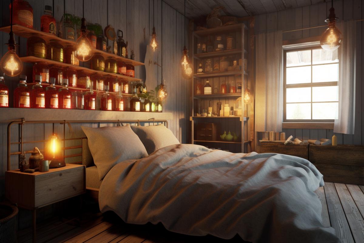 Interior of a cozy bedroom for a chemist, bed, colorful flasks, lights