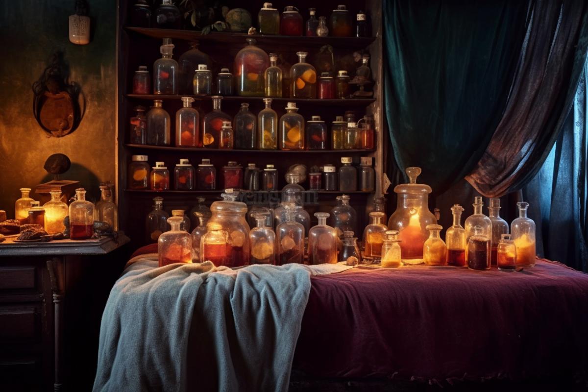 Interior of a cozy bedroom for a chemist, bed, colorful flasks, lights