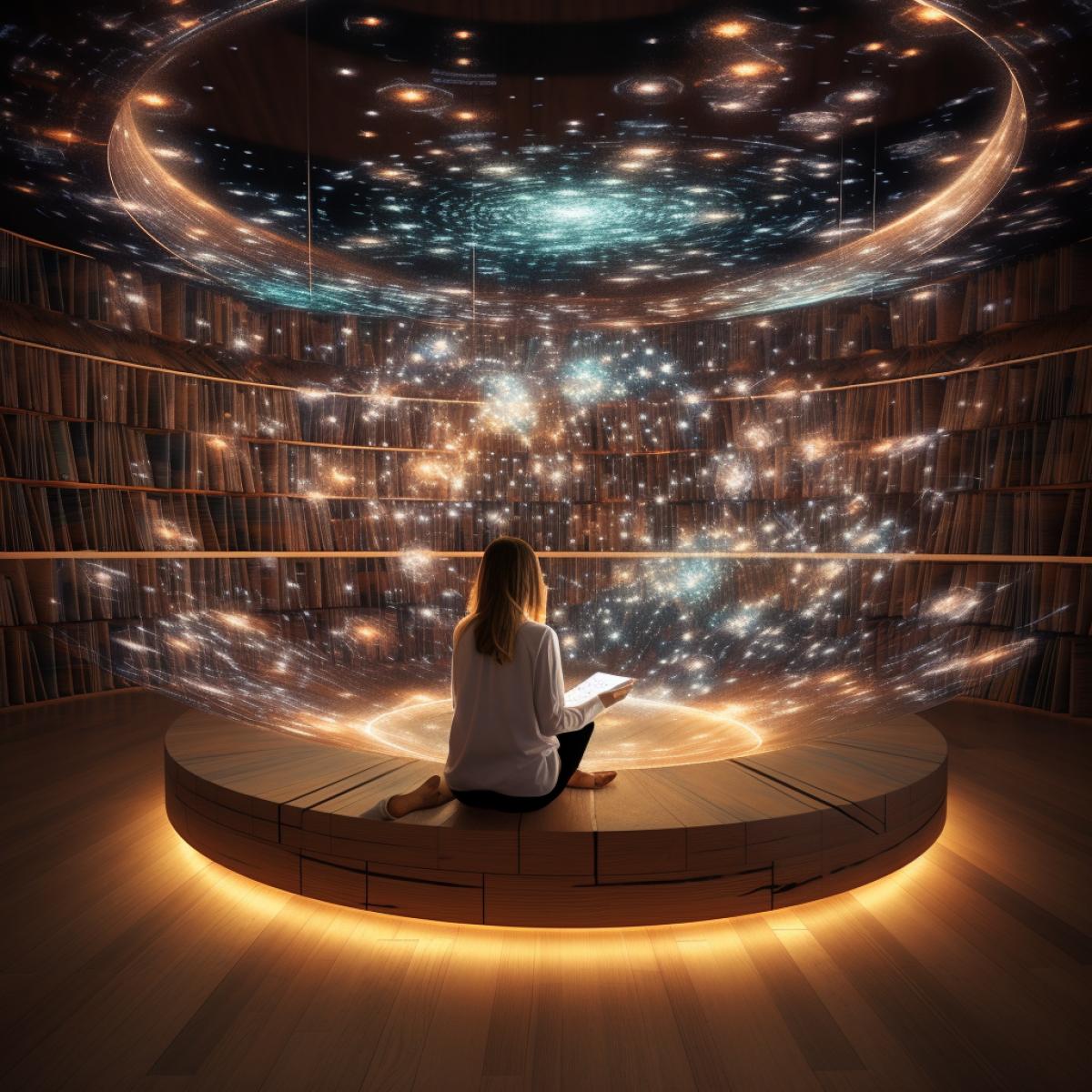 Quantum Imagination Chamber: A room where wooden surfaces seamlessly blend with holographic displays, creating a dynamic space that morphs with the occupants thoughts. Wooden panels transform into interactive canvases, responding to artistic gestures. A wooden reading nook features virtual reality integration, immersing its occupant in a boundless library of knowledge. The room is an avant-garde masterpiece, pushing the limits of creativity and technology in the pursuit of meta-excellence.