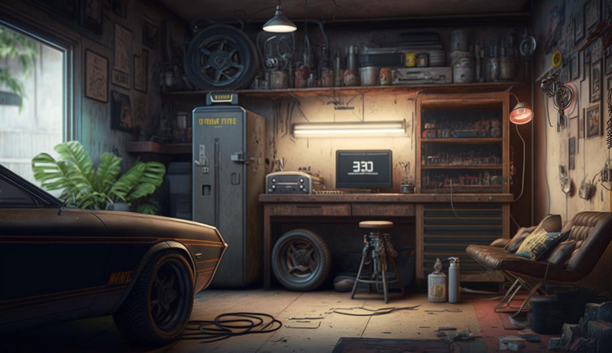Garage, a tool hanging on the wall, a bar counter, a sofa, a game console in the corner, car parts on the floor.