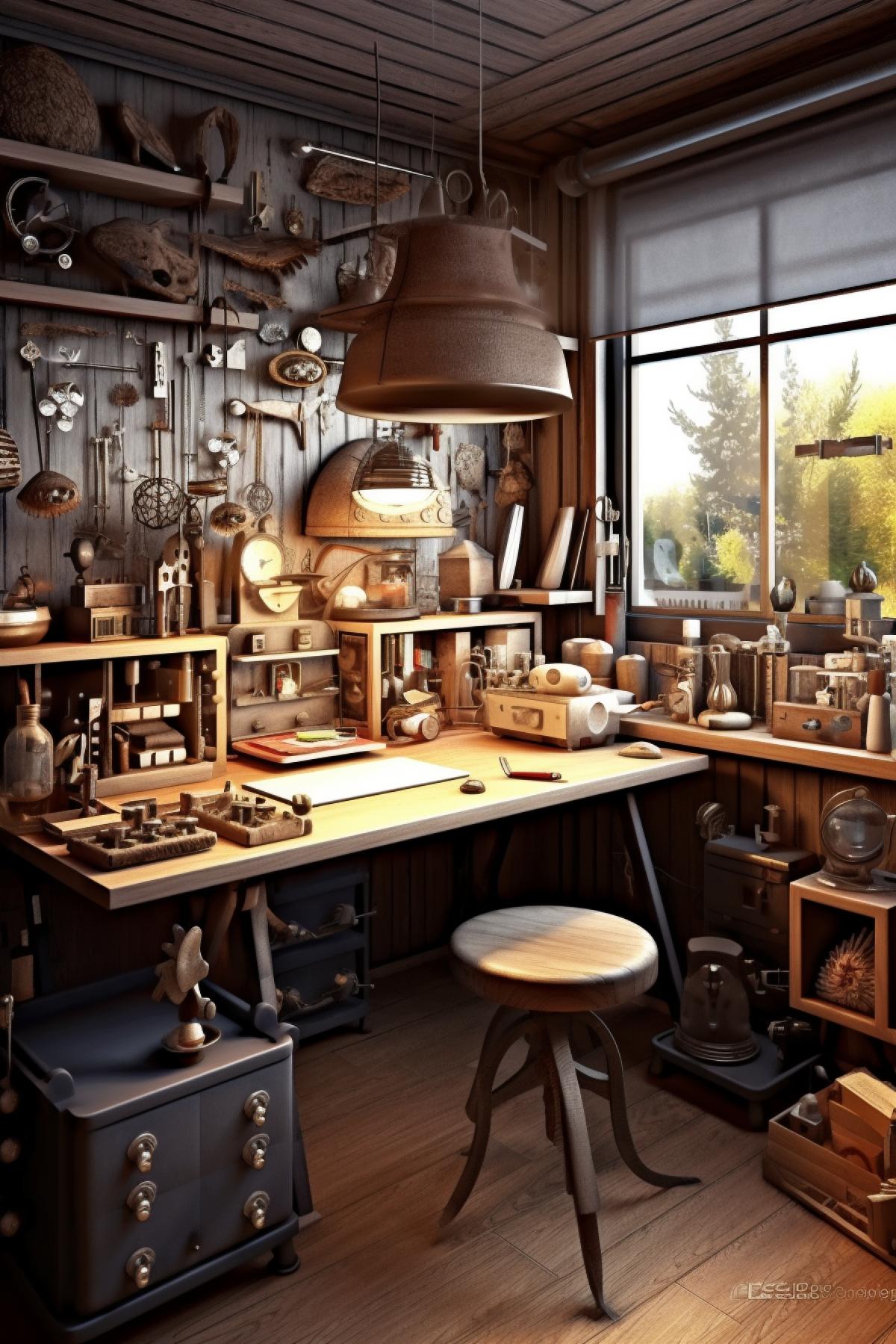 Cozy rustic jewelers workshop, workbench, tools, mysterious interior