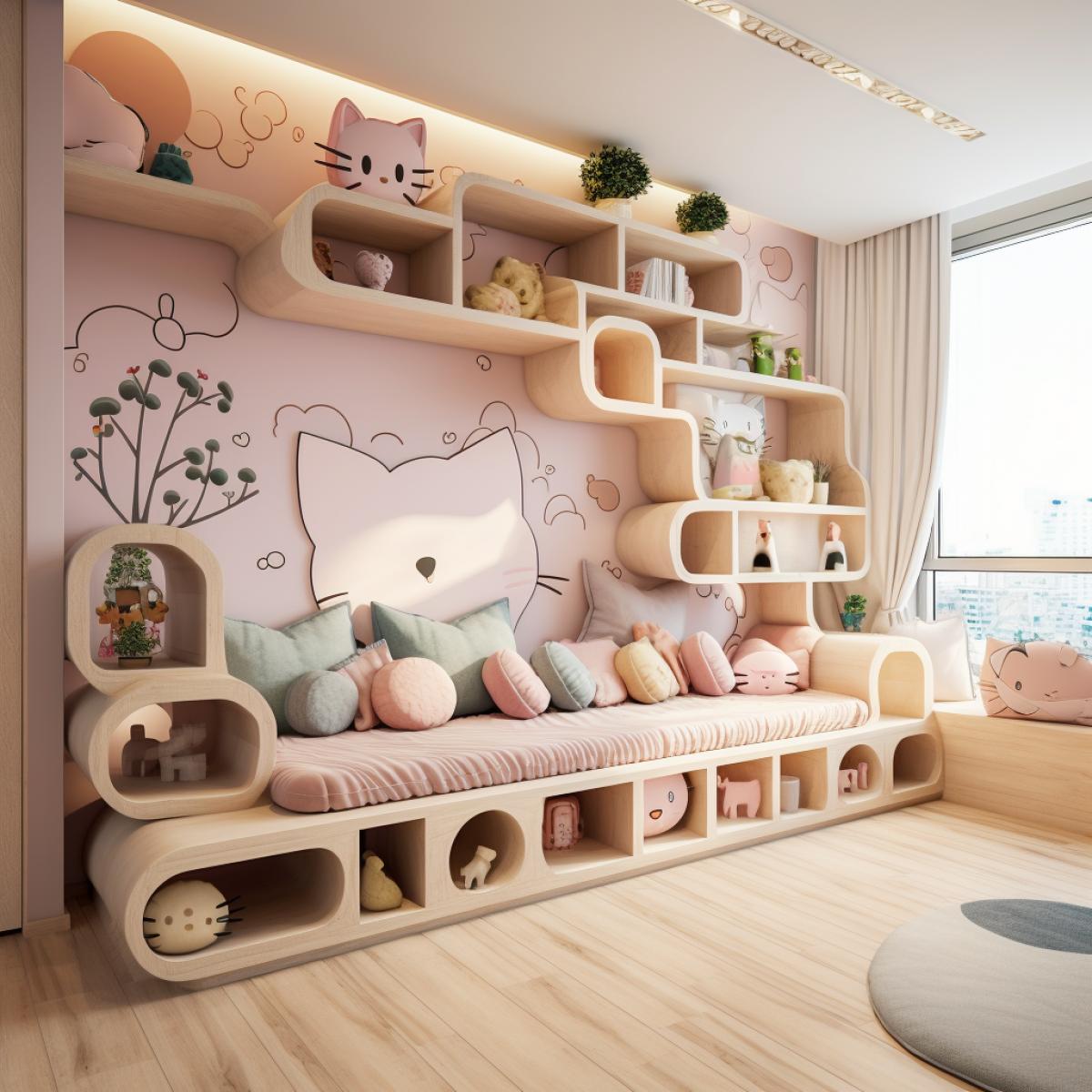 Kitty Wonderland: A charming room with light wooden floors and walls adorned with whimsical cat-themed murals. Wooden cat-shaped shelves house a collection of plush feline friends, and a wooden cat tree with cozy nooks becomes a playful reading spot. Soft, pastel-colored wooden furniture, complete with cat-shaped drawer pulls, creates a delightful haven for a young cat enthusiast.