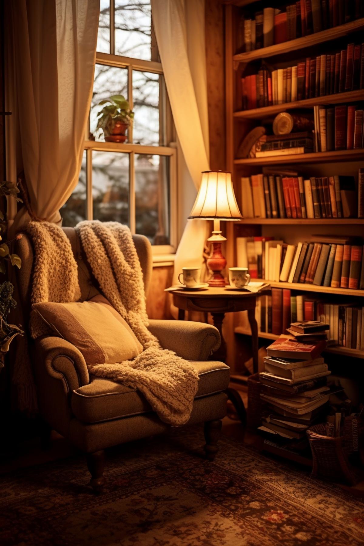 Cosy comfortable soft interior of private library wooden rocking armchair with soft wool blanket wooden shelves bookcases with million dear books bureau with cosy table lamp smoking pipe carpets late evening behind curtains small windows soft light calm peace comfort