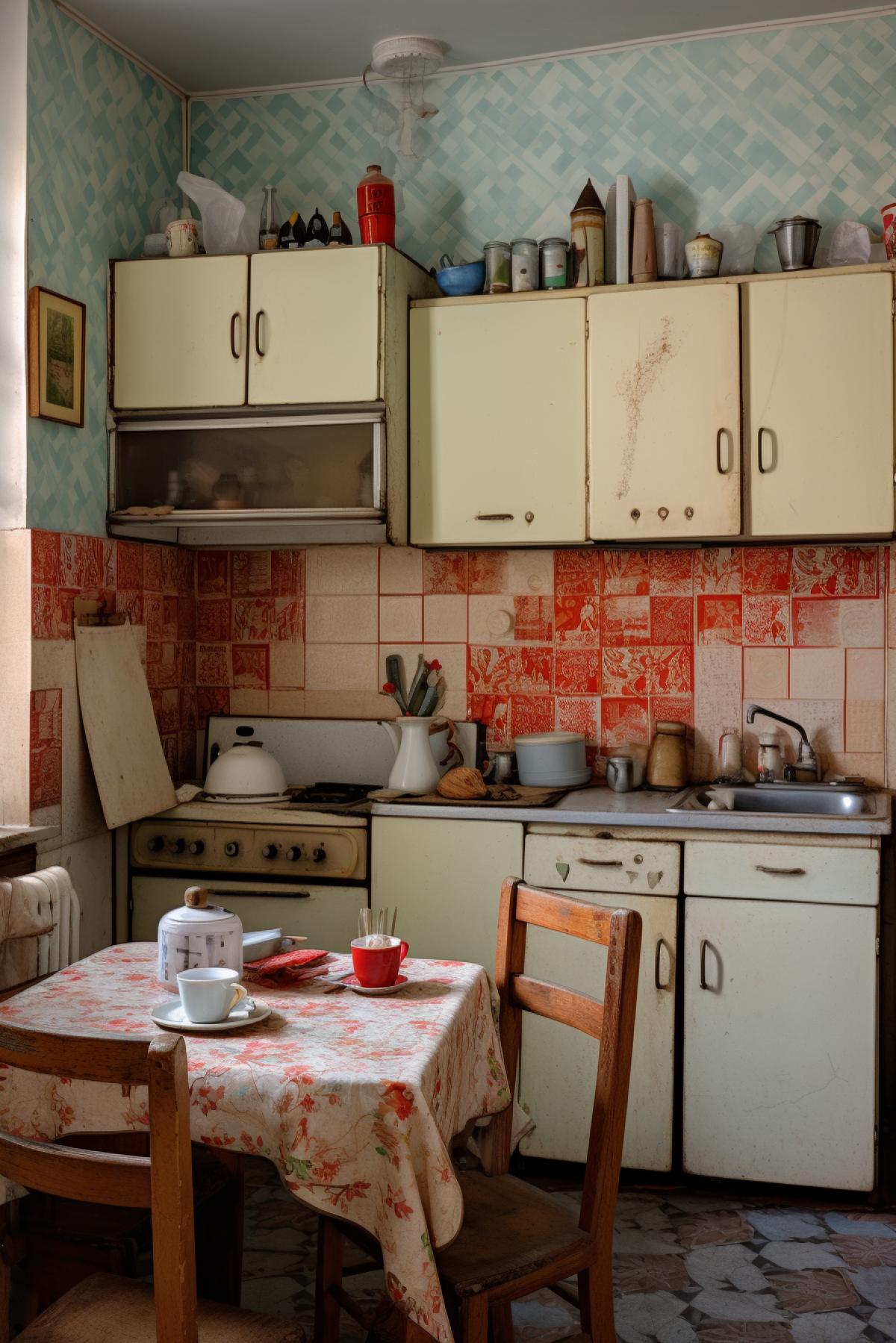 A typical Soviet Khrushchev apartment one room with a tiny kitchen. Near the small dining table for two, a square of white and red ceramic tiles is roughly laid out on the wall, the rest is covered with long-faded wallpaper. There are cobwebs in the corners, a Polish kitchen from the seventies, one door is hanging loose, one right where the garbage can is is missing. The stove is dirty, the “apron” is made of the same white and red tiles as above the dining table, some tiles are missing, some are split. A smoked kettle whistles on the stove. A balding man of about forty with a long wooden nose sits at the table, and only his bangs remain from the “hair” of once light, but now darkened shavings. This is Pinocchio. He sleeps with his head in his hands, his nose to the kitchen, not hearing the boiling kettle. On the table there is an almost empty bottle of vodka and an open can of sprat in tomato, also half empty.. . A plump woman of about thirty-five enters the kitchen in a dressing gow