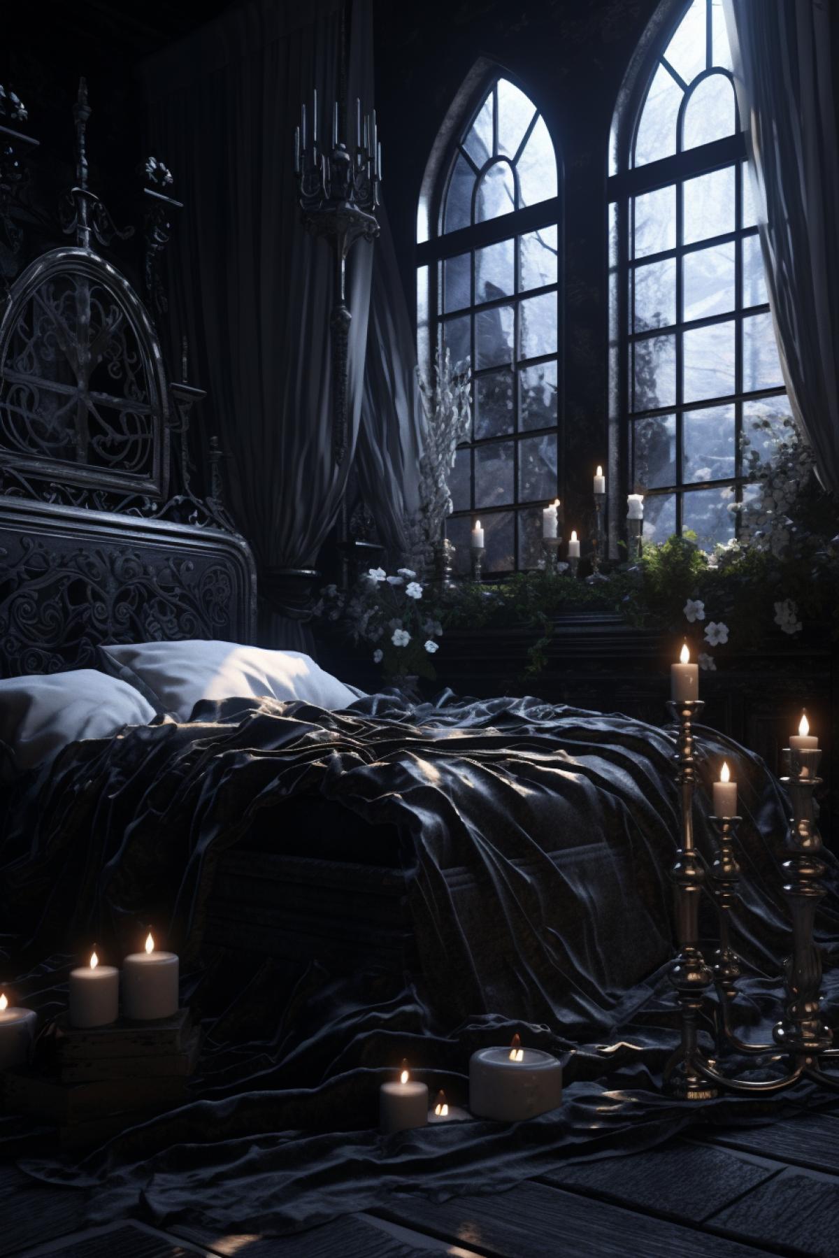 Gothic bedroom, candles, beautiful, photorealistic, atmospheric
