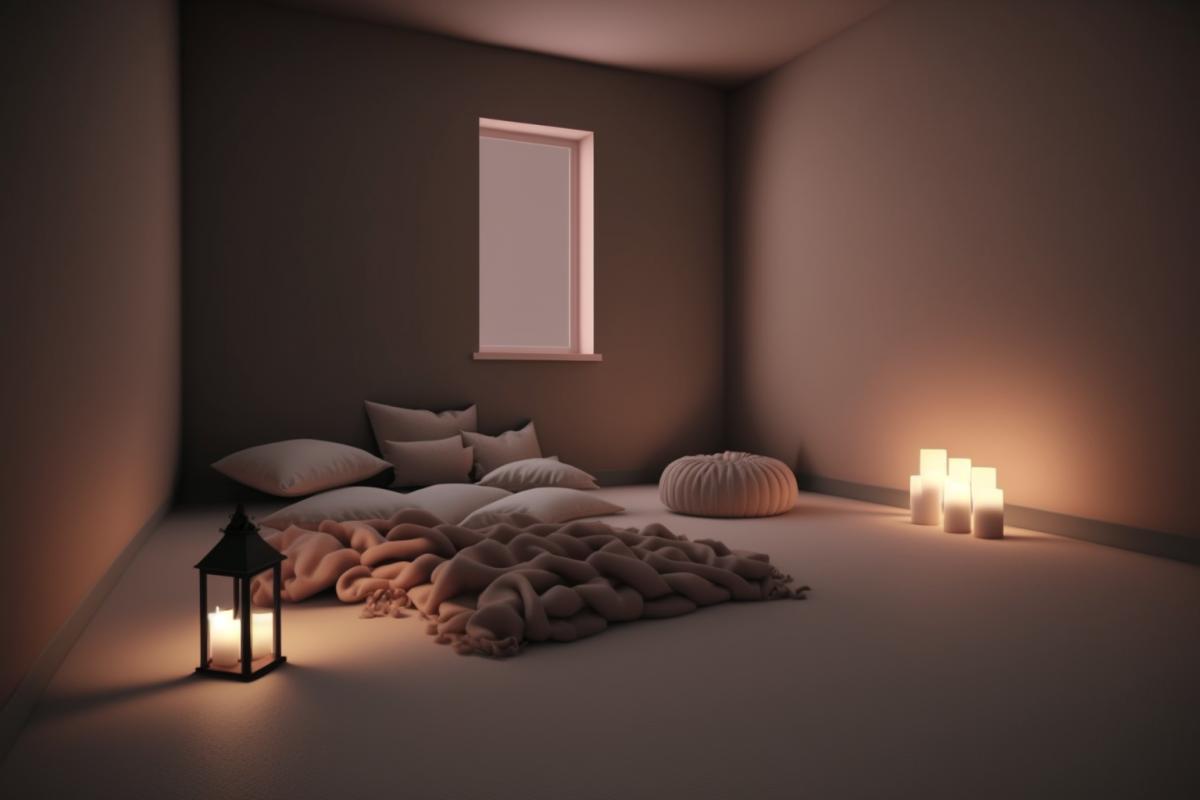 empty darkened room, twilight, pastel-colored walls, the entire floor is covered with a soft fluffy beige carpet, there are several soft pillows and a beige terry blanket on the floor, candle lighting