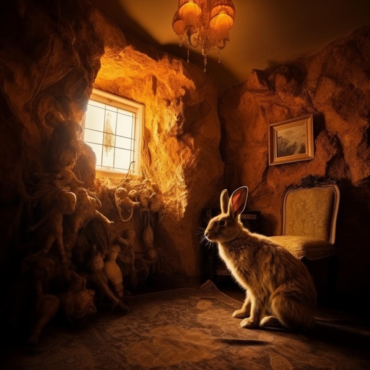 Room, golden hare, light, fringe, rock, gothic style, bright and rich colors, photography